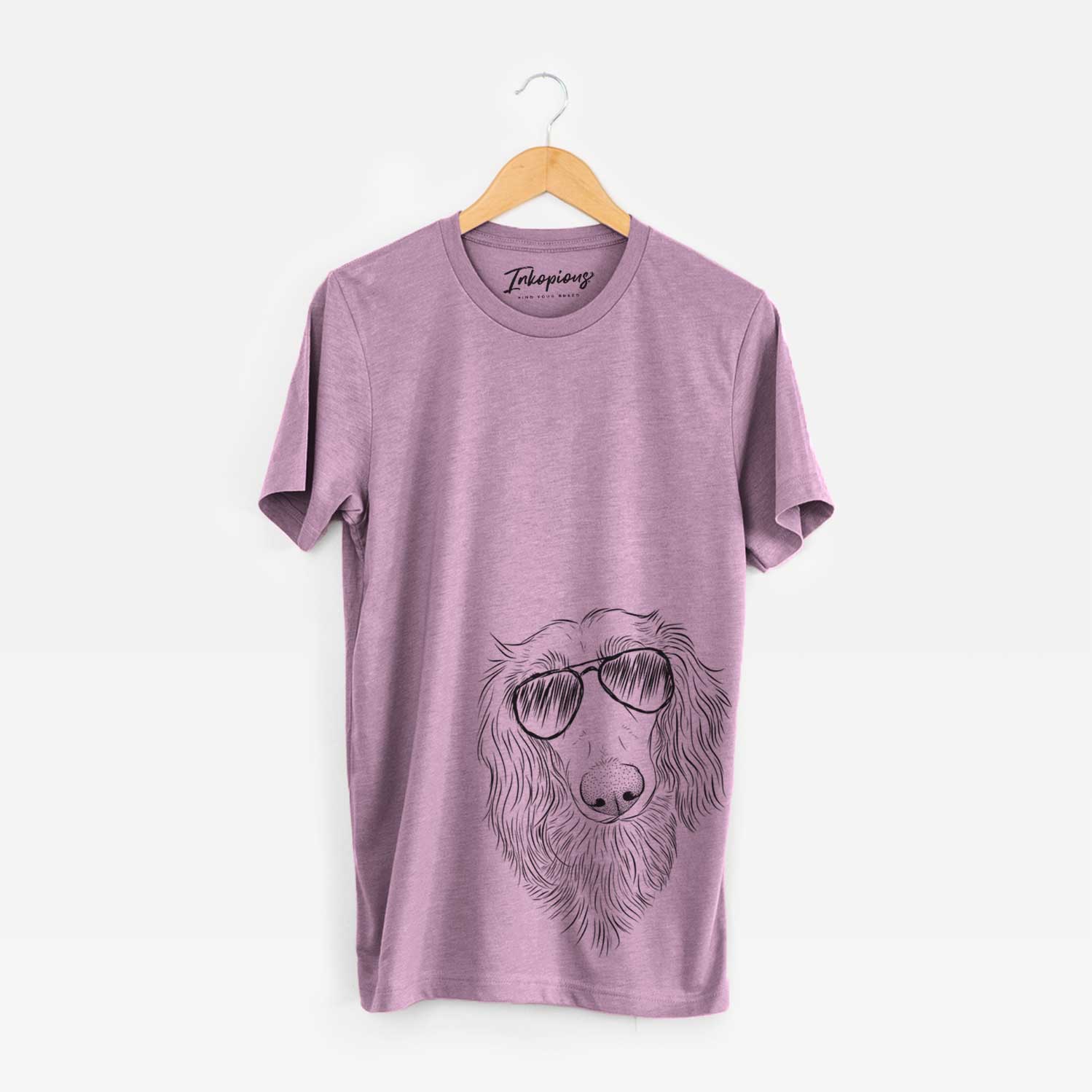 Hand-drawn sketch of Mr. Rusty the Long Haired Dachshund wearing aviator sunglasses on an Orchid Unisex crewneck