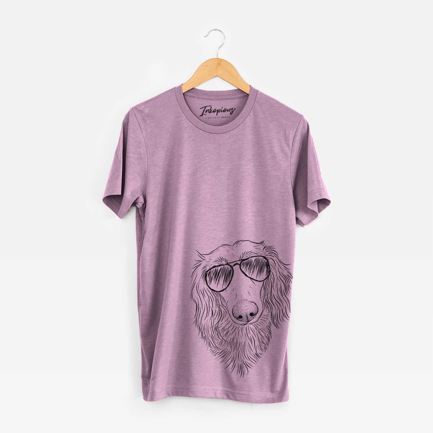 Hand-drawn sketch of Mr. Rusty the Long Haired Dachshund wearing aviator sunglasses on an Orchid Bella Canvas Unisex Crewneck