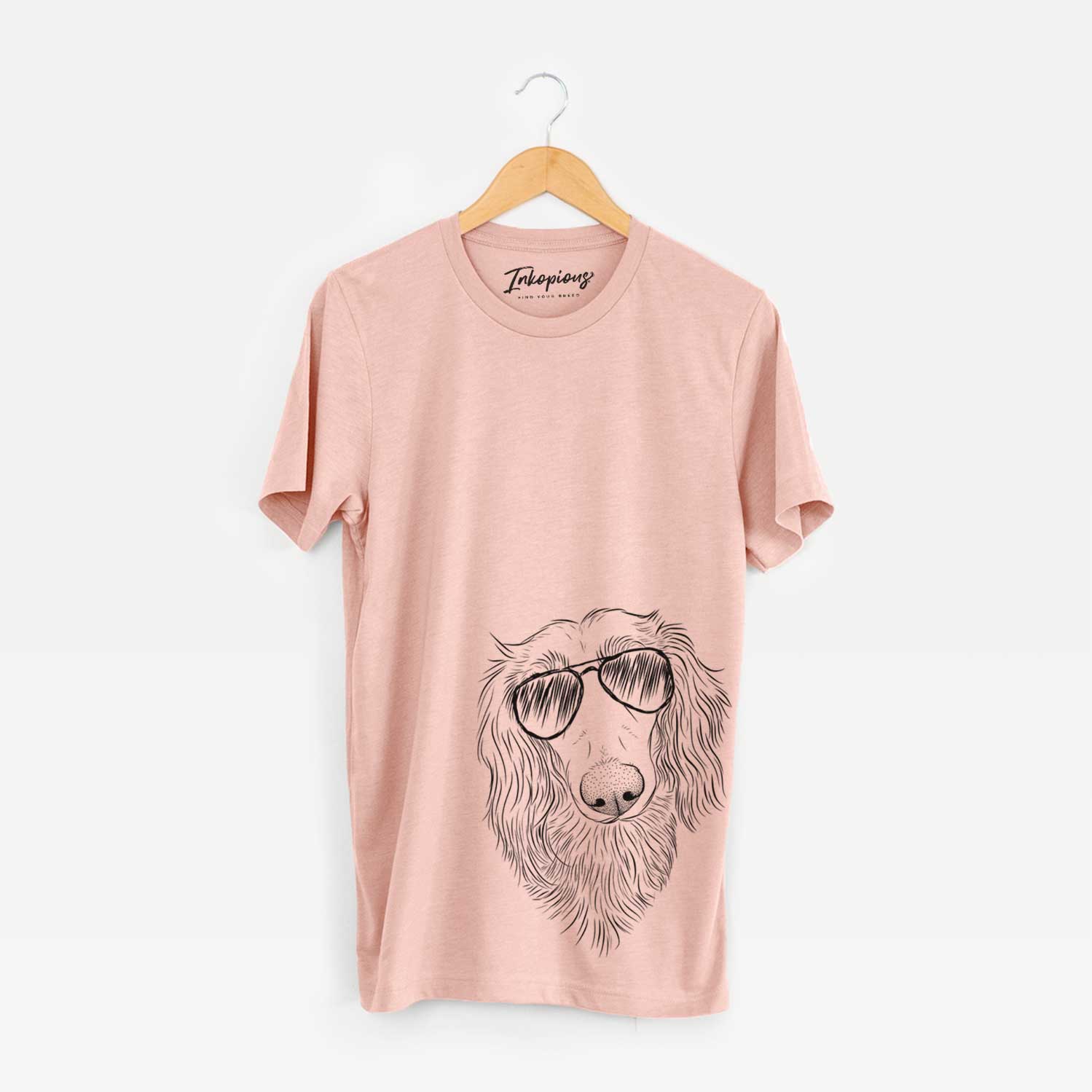Hand-drawn sketch of Mr. Rusty the Long Haired Dachshund wearing aviator sunglasses on a Peach Unisex crewneck