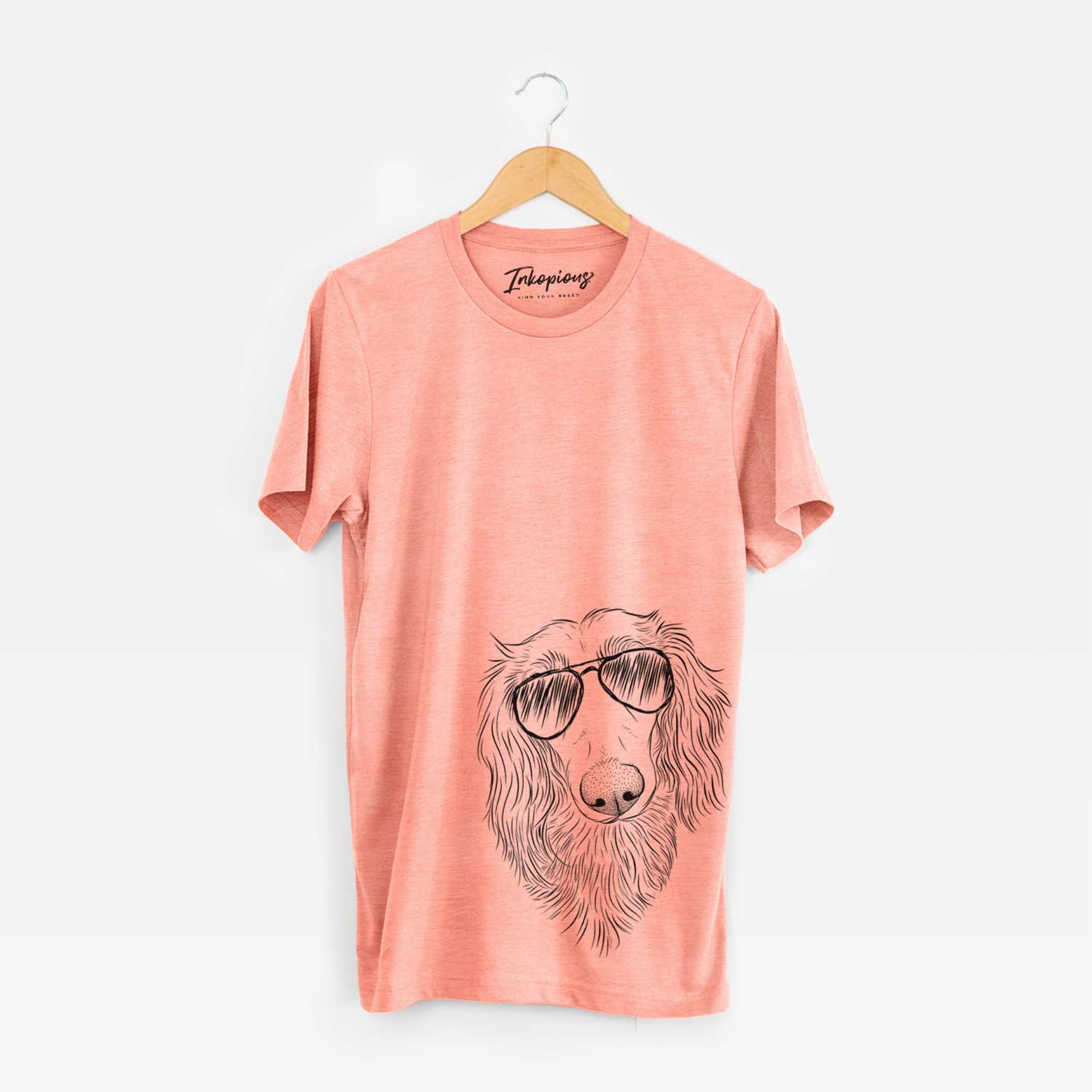 Hand-drawn sketch of Mr. Rusty the Long Haired Dachshund wearing aviator sunglasses on a Sunset Unisex crewneck