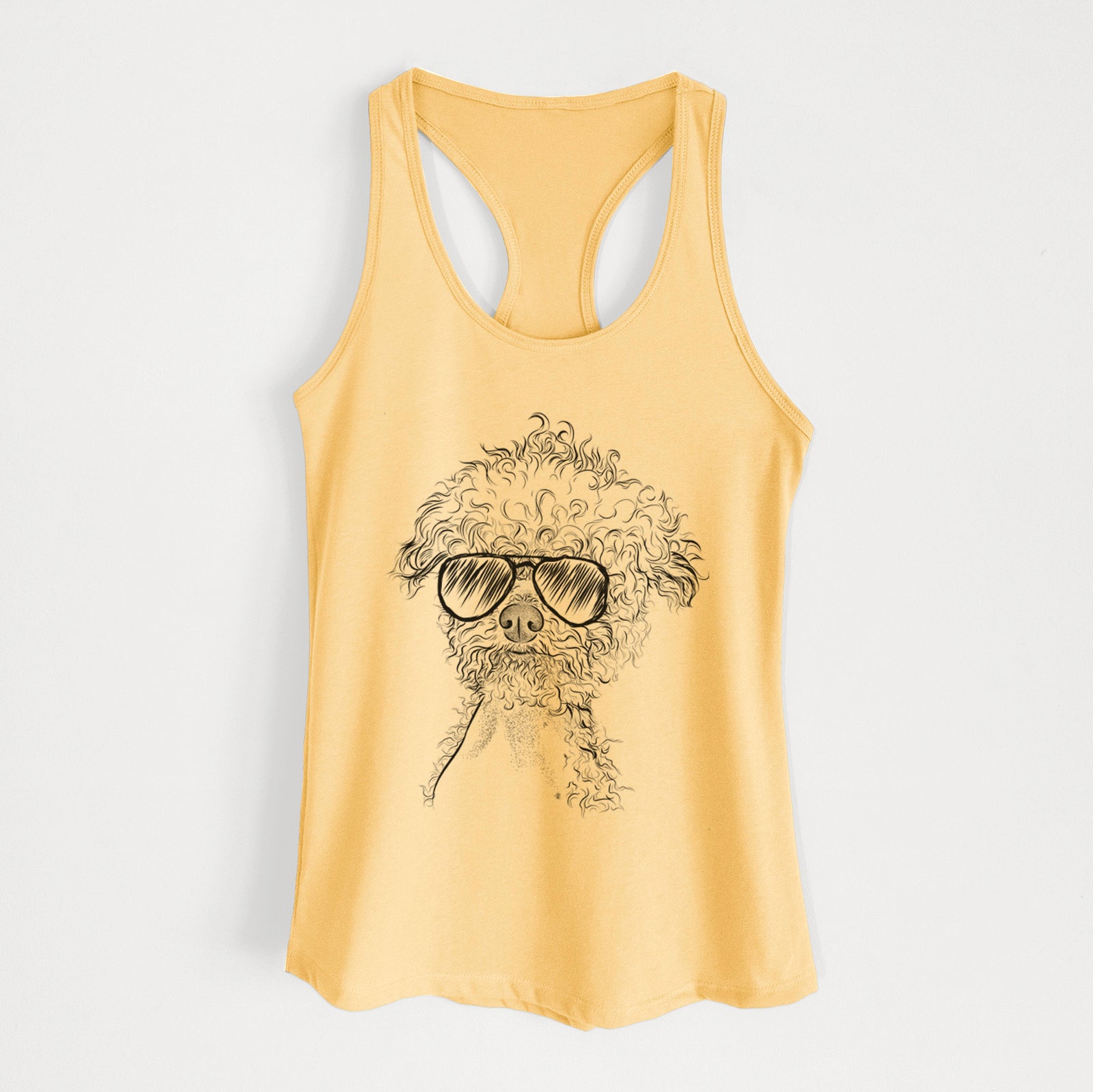 Hand-drawn sketch of Muffin the Poodle wearing aviator sunglasses on a Banana Cream Women's racerback tanktop
