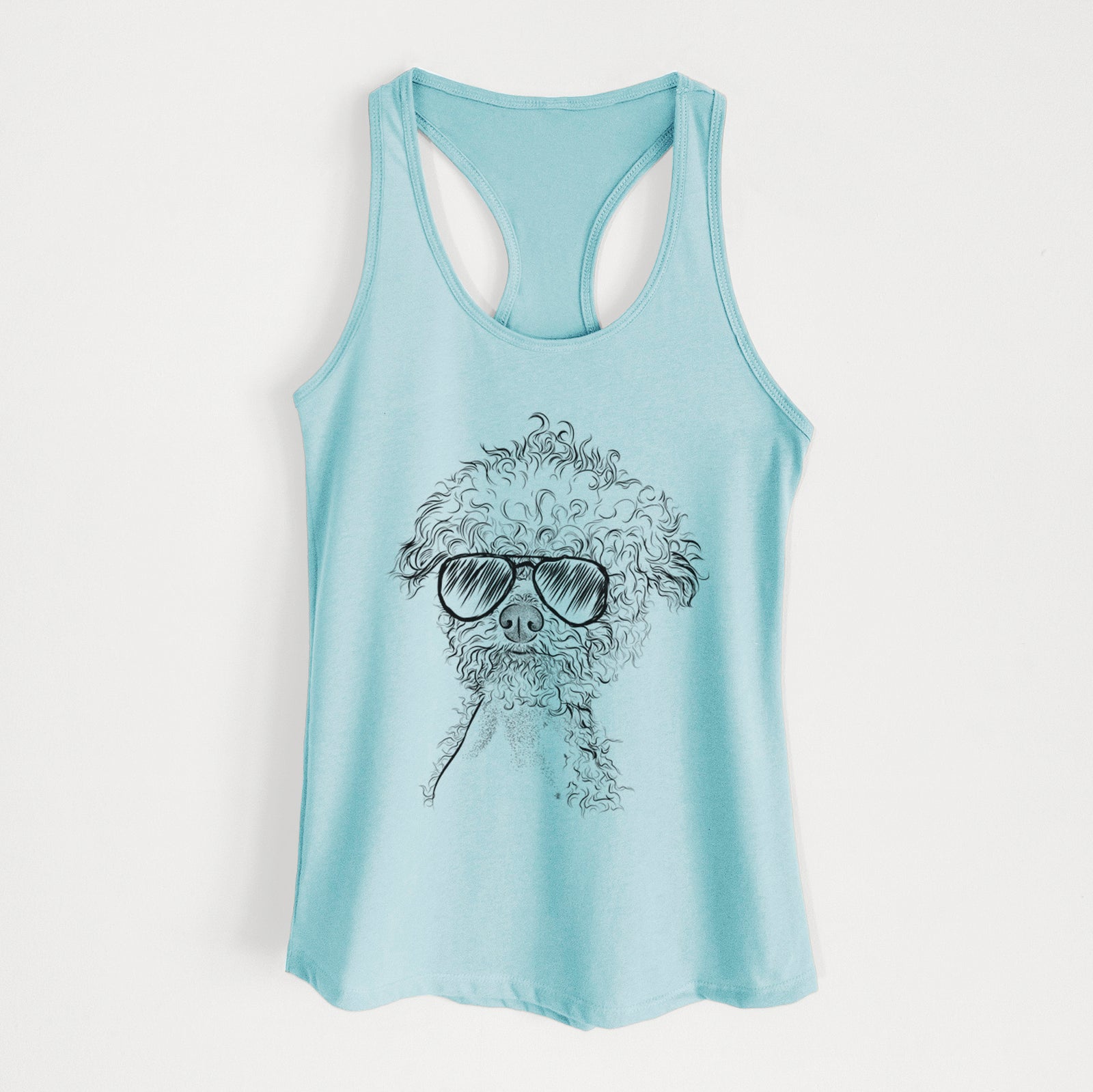 Hand-drawn sketch of Muffin the Poodle wearing aviator sunglasses on a Cancun Blue Women's racerback tanktop