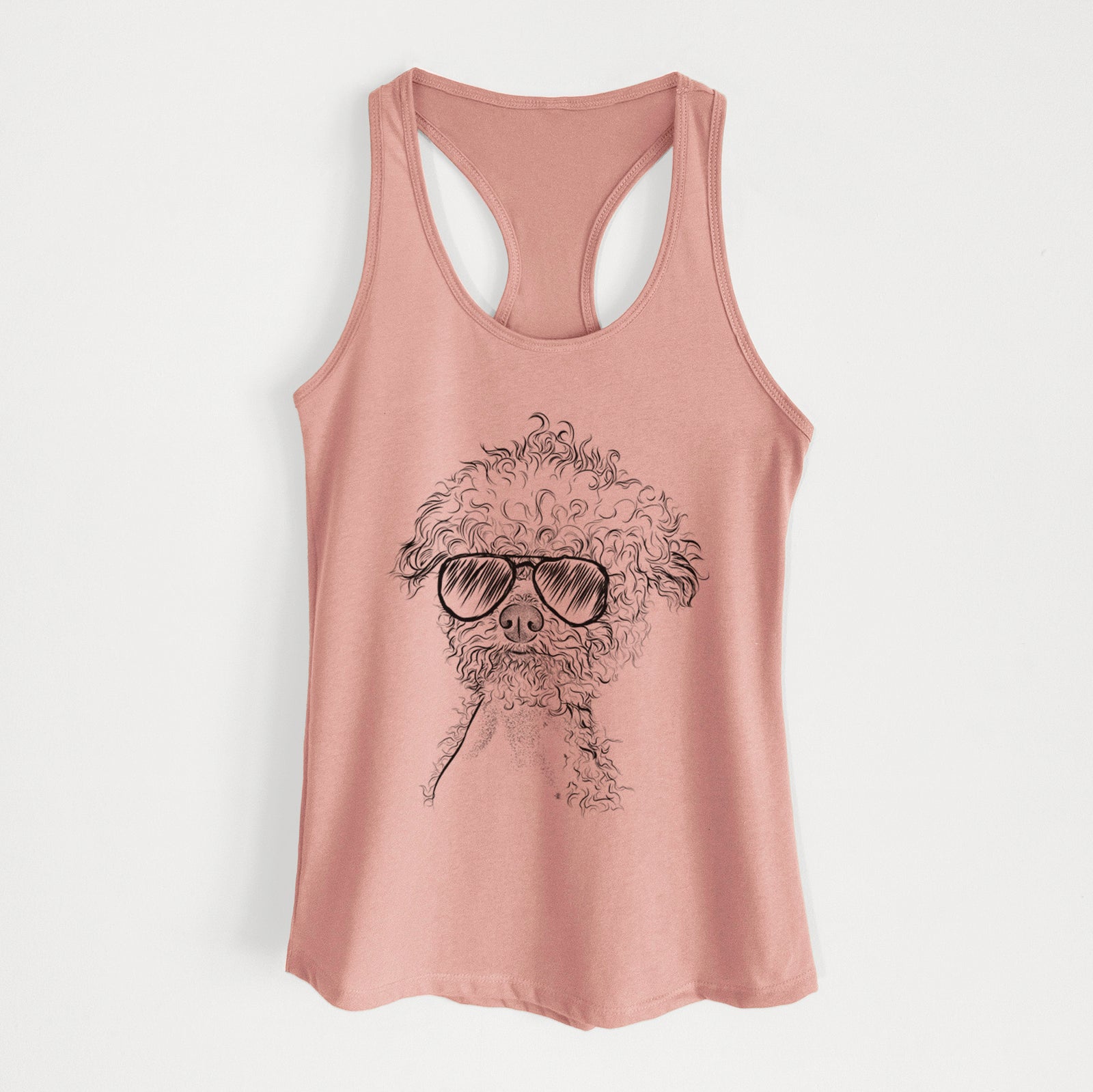 Hand-drawn sketch of Muffin the Poodle wearing aviator sunglasses on a Desert Pink Women's racerback tanktop
