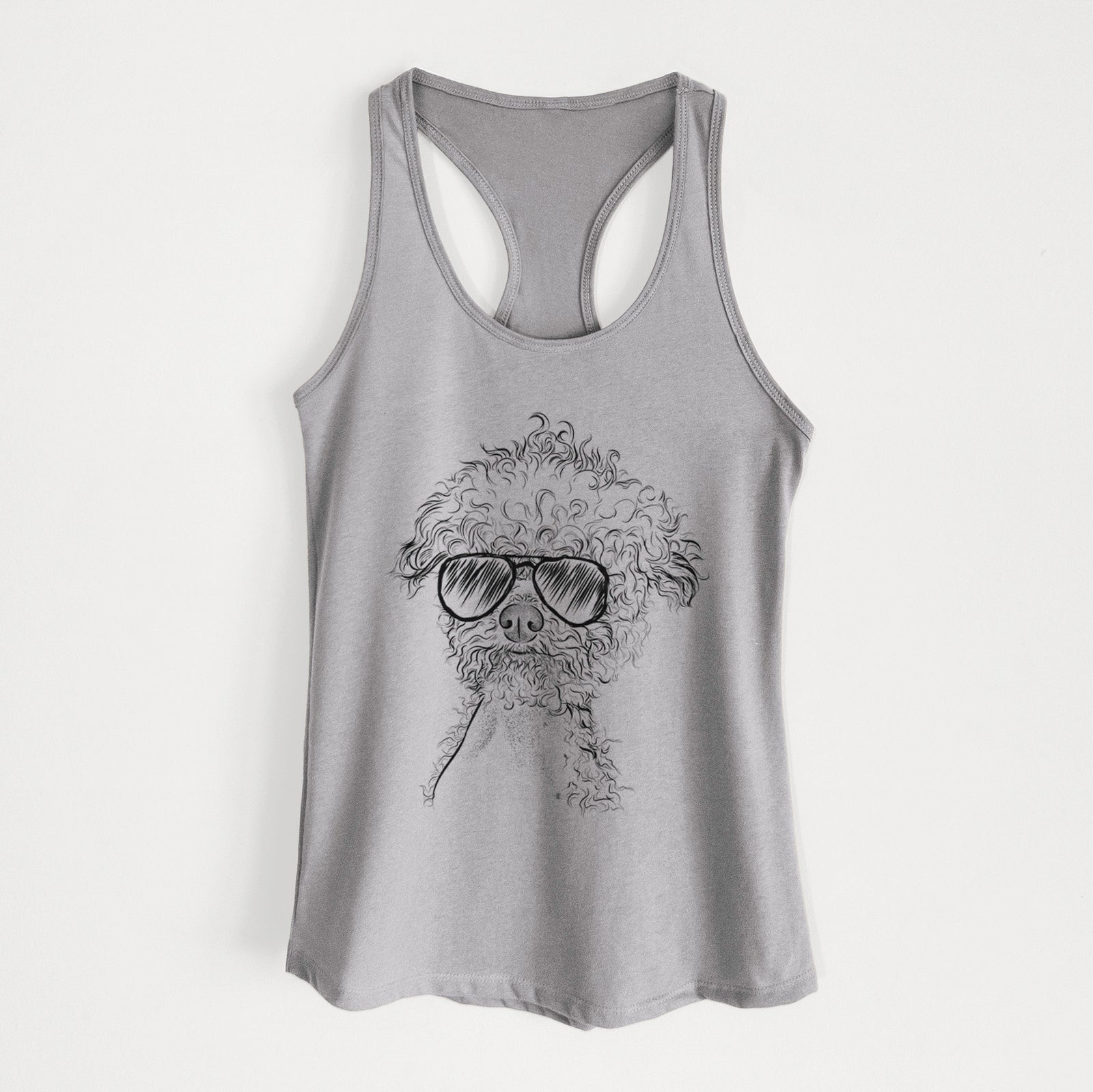 Hand-drawn sketch of Muffin the Poodle wearing aviator sunglasses on a Heather Grey Women's racerback tanktop