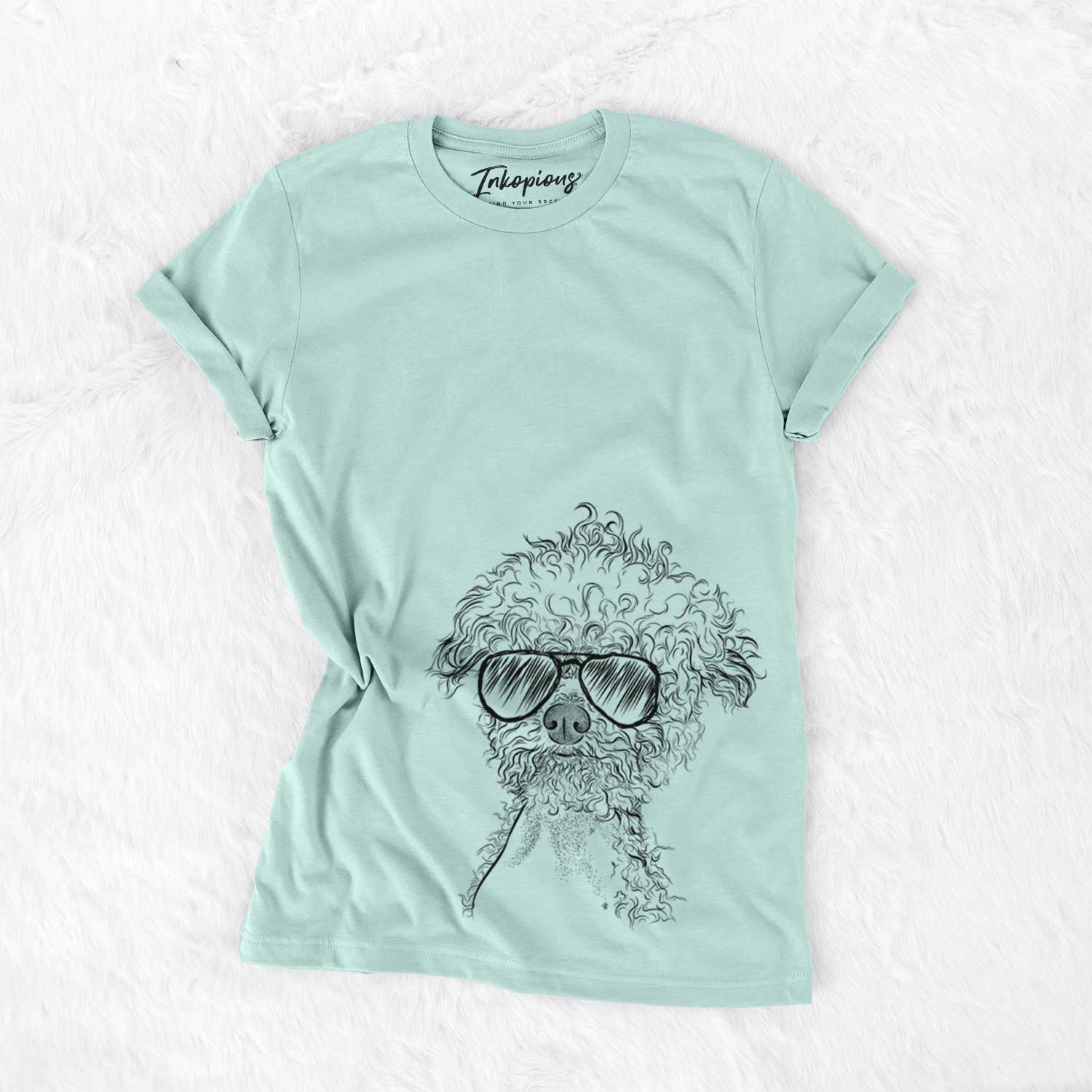Hand-drawn sketch of Muffin the Poodle wearing aviator sunglasses on a Heather Sage Unisex crewneck