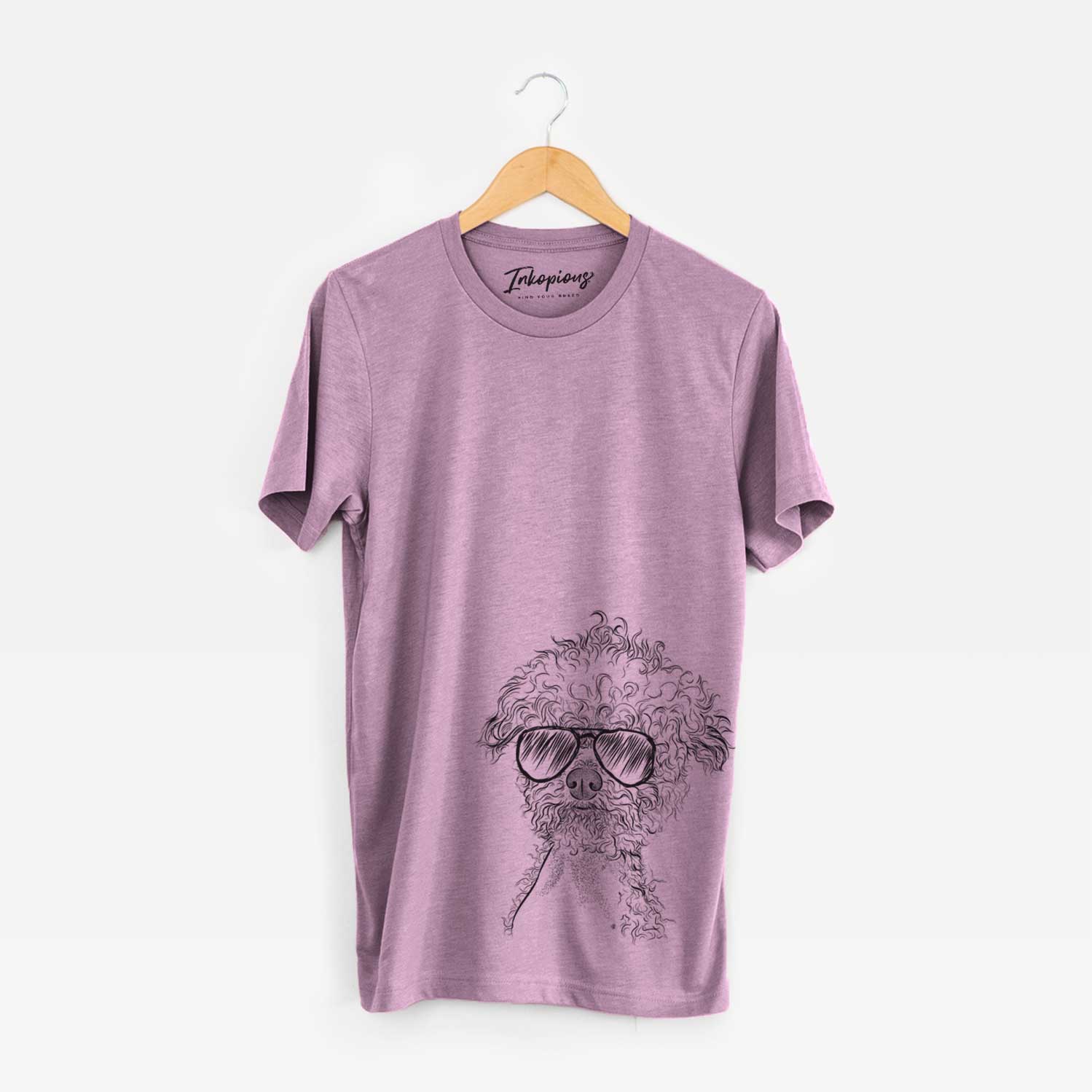 Hand-drawn sketch of Muffin the Poodle wearing aviator sunglasses on an Orchid Unisex crewneck