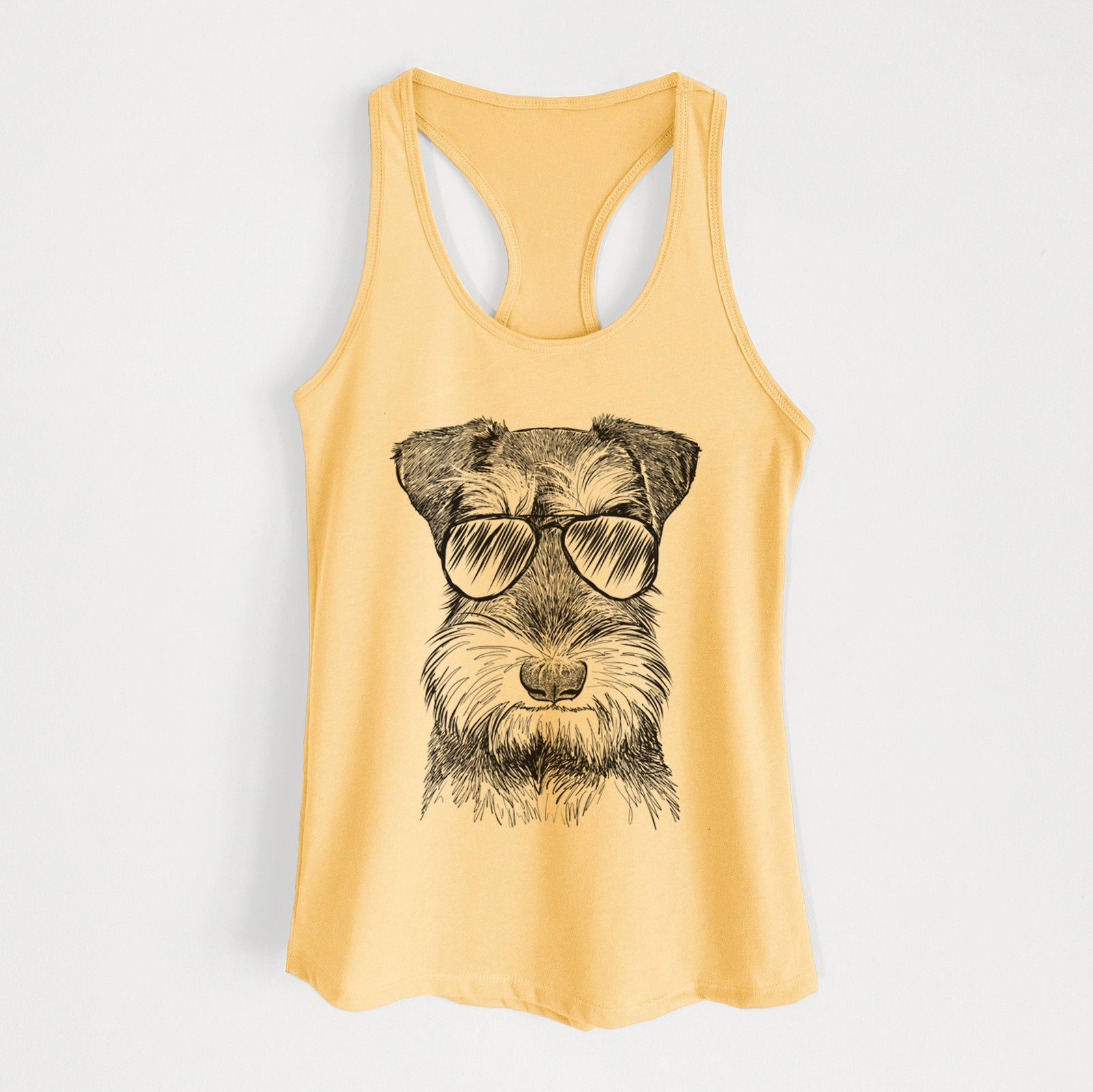 Hand-drawn sketch of Murphy the Mini Schnauzer wearing aviator sunglasses on a Banana Cream Women's racerback tanktop