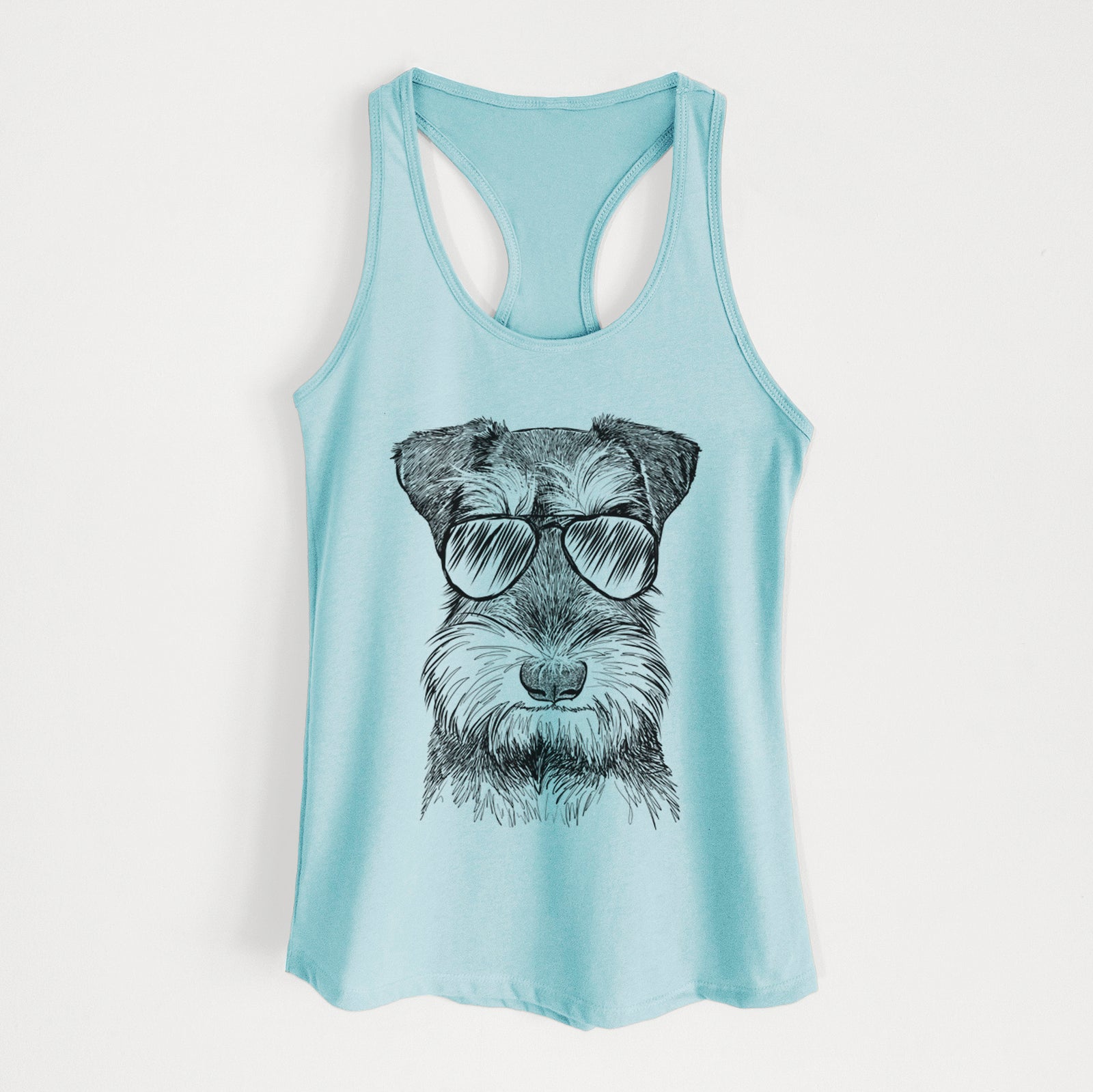 Hand-drawn sketch of Murphy the Mini Schnauzer wearing aviator sunglasses on a Cancun Blue Women's racerback tanktop