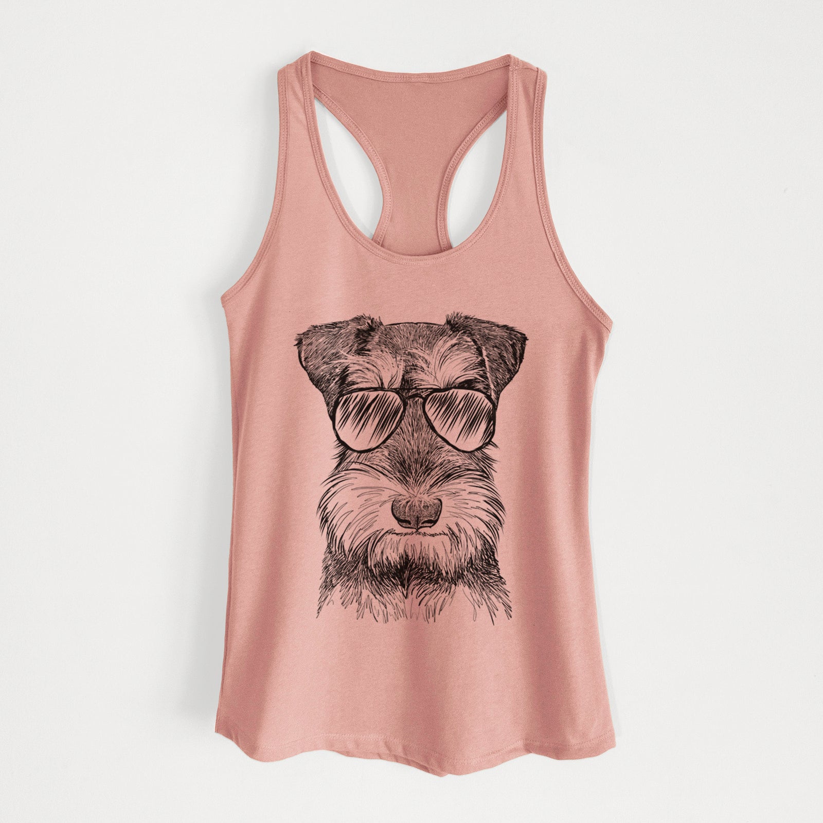 Hand-drawn sketch of Murphy the Mini Schnauzer wearing aviator sunglasses on a Desert Pink Women's racerback tanktop