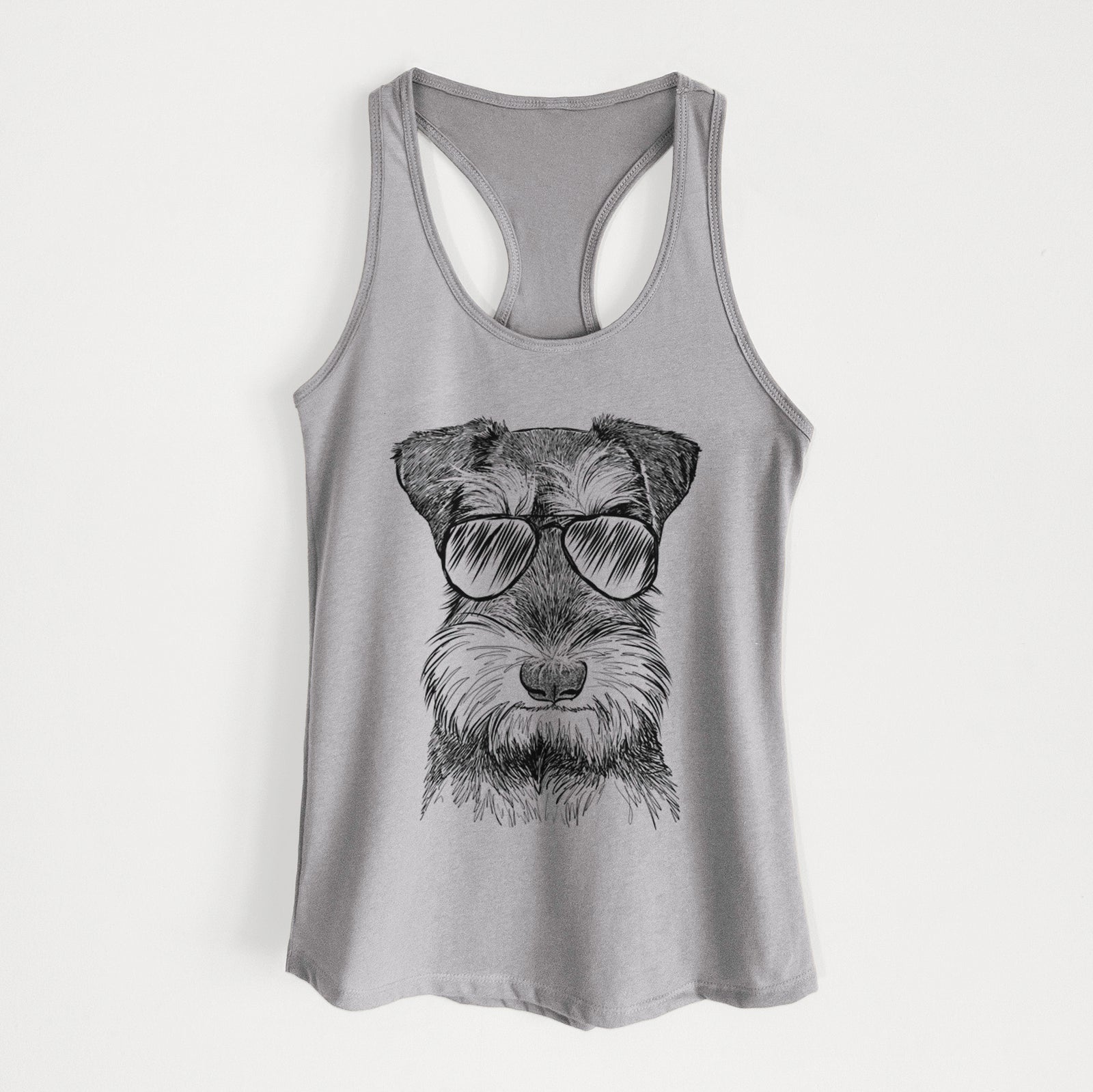 Hand-drawn sketch of Murphy the Mini Schnauzer wearing aviator sunglasses on a Heather Grey Women's racerback tanktop