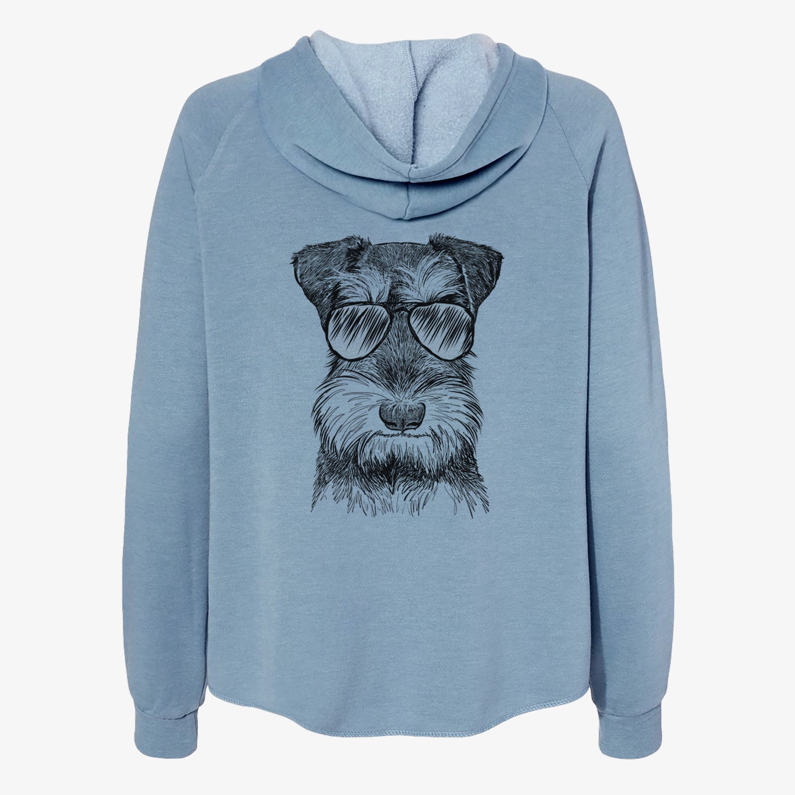Hand-drawn sketch of Murphy the Mini Schnauzer wearing aviator sunglasses on a Misty Blue Women's cali wave zip-up sweatshirt