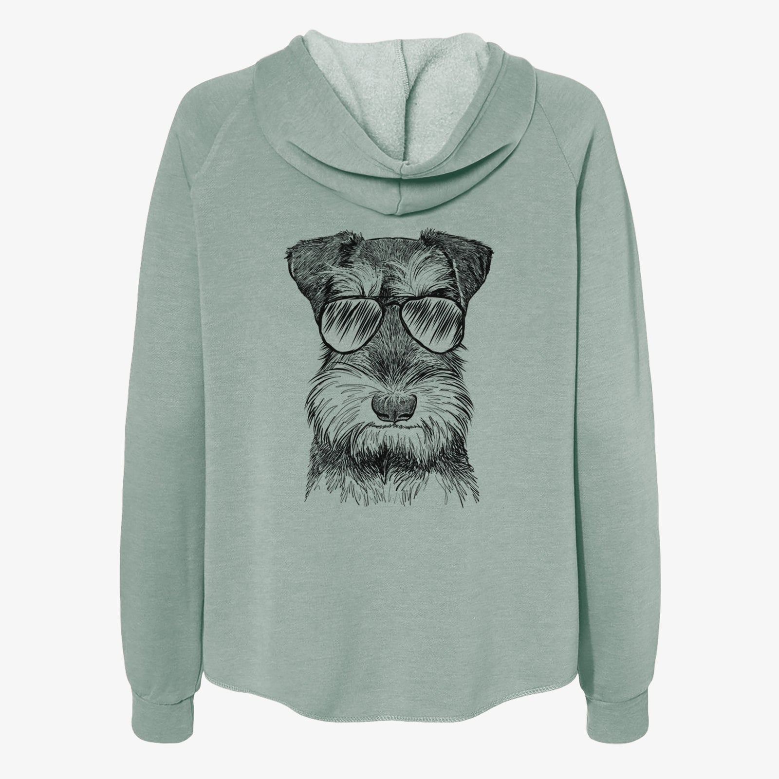 Hand-drawn sketch of Murphy the Mini Schnauzer wearing aviator sunglasses on a Sage Women's cali wave zip-up sweatshirt