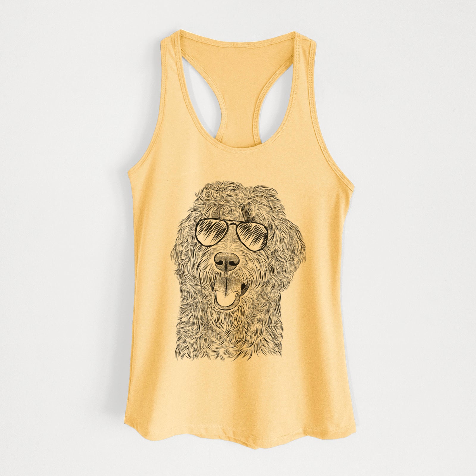 Hand-drawn sketch of Murr Dog the Labradoodle wearing aviator sunglasses on a Banana Cream Women's racerback tanktop