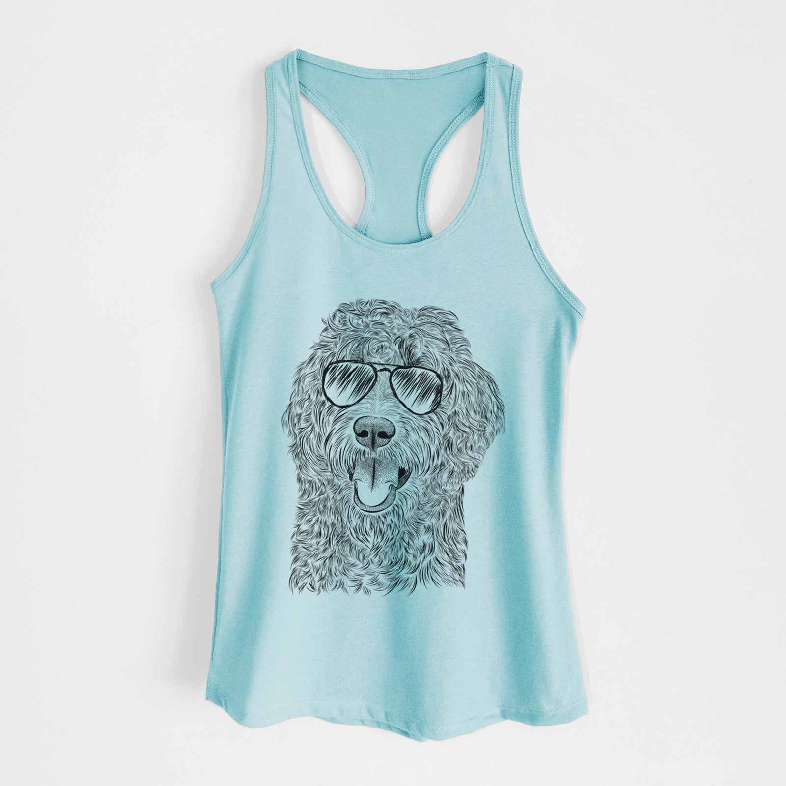 Hand-drawn sketch of Murr Dog the Labradoodle wearing aviator sunglasses on a Cancun Blue Women's racerback tanktop