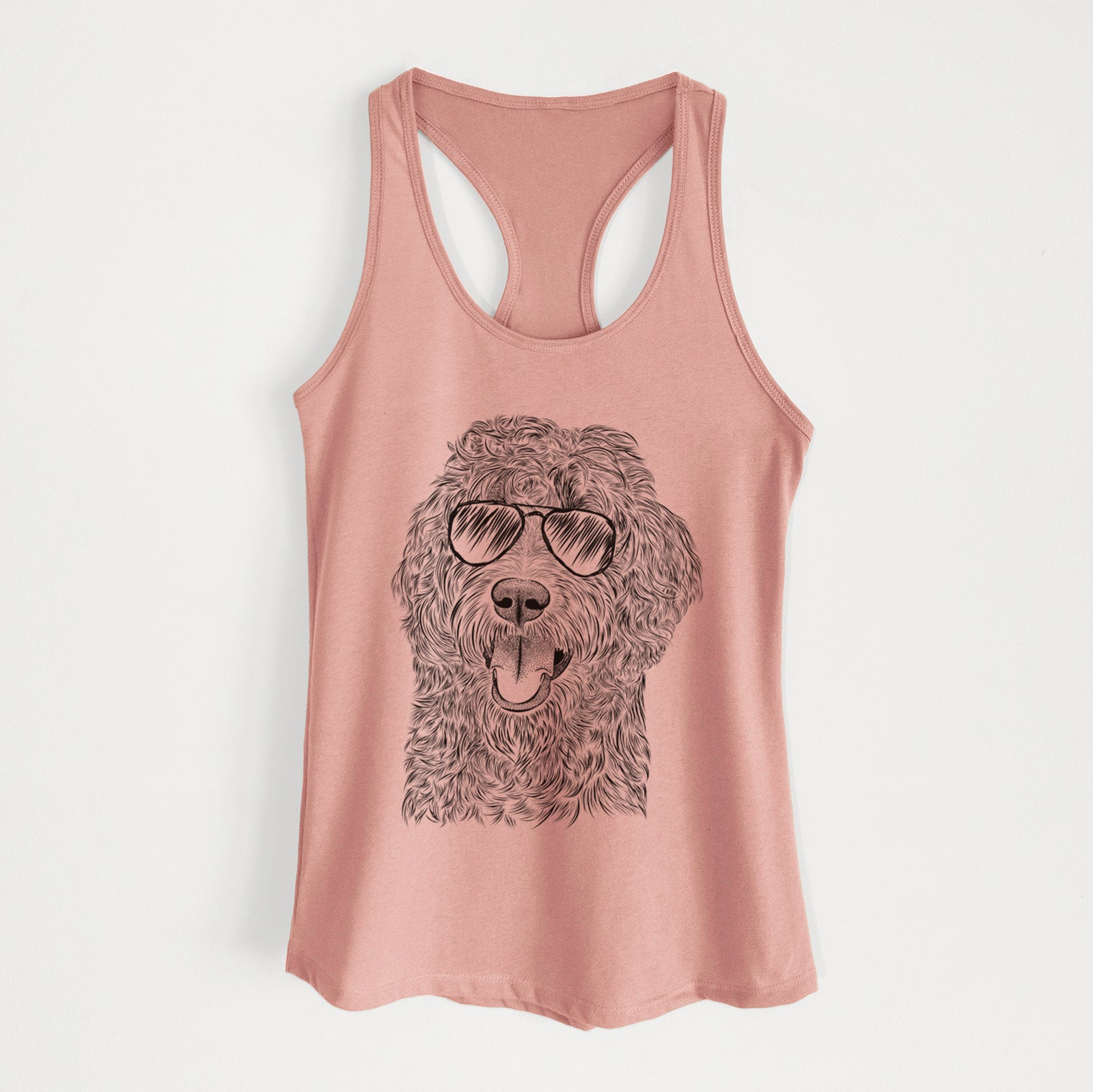 Hand-drawn sketch of Murr Dog the Labradoodle wearing aviator sunglasses on a Desert Pink Women's racerback tanktop