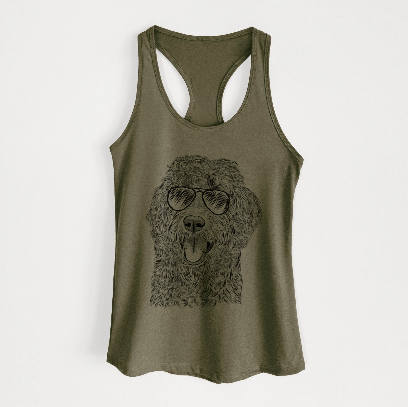 Hand-drawn sketch of Murr Dog the Labradoodle wearing aviator sunglasses on a Military Green Women's racerback tanktop