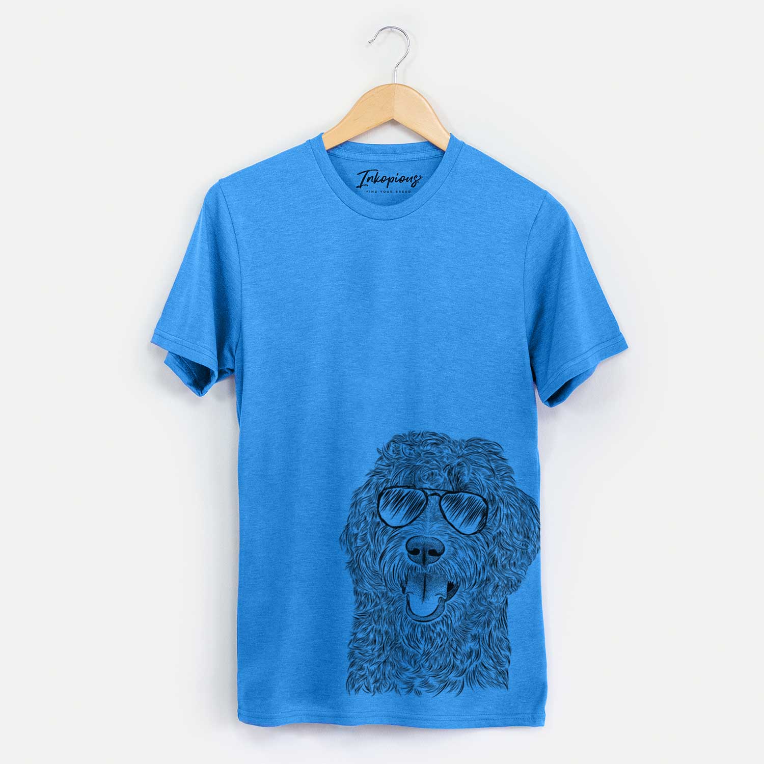 Hand-drawn sketch of Murr Dog the Labradoodle wearing aviator sunglasses on a Blue Unisex crewneck