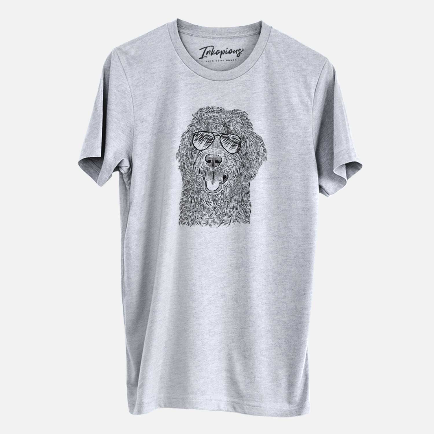 Hand-drawn sketch of Murr Dog the Labradoodle wearing aviator sunglasses on a Grey Unisex crewneck