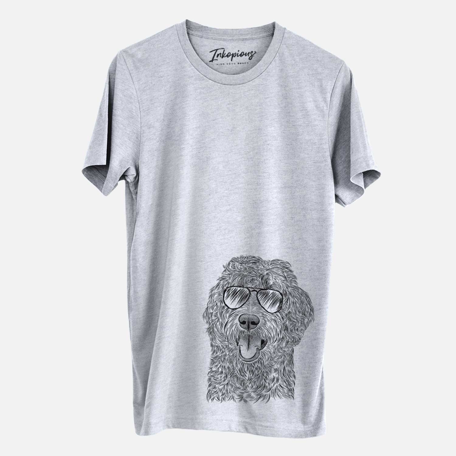 Hand-drawn sketch of Murr Dog the Labradoodle wearing aviator sunglasses on a Grey Unisex crewneck