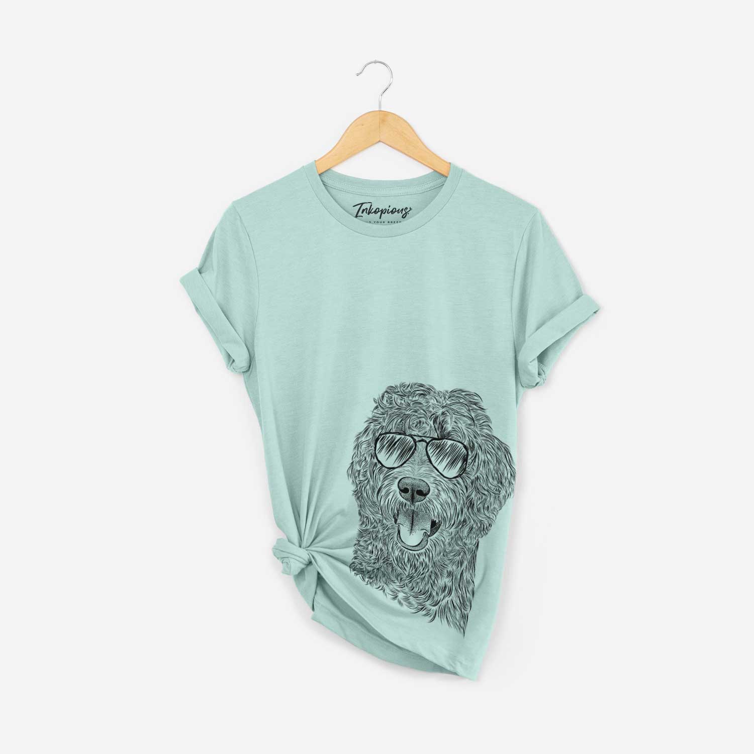 Hand-drawn sketch of Murr Dog the Labradoodle wearing aviator sunglasses on a Heather Sage Bella Canvas Unisex Crewneck
