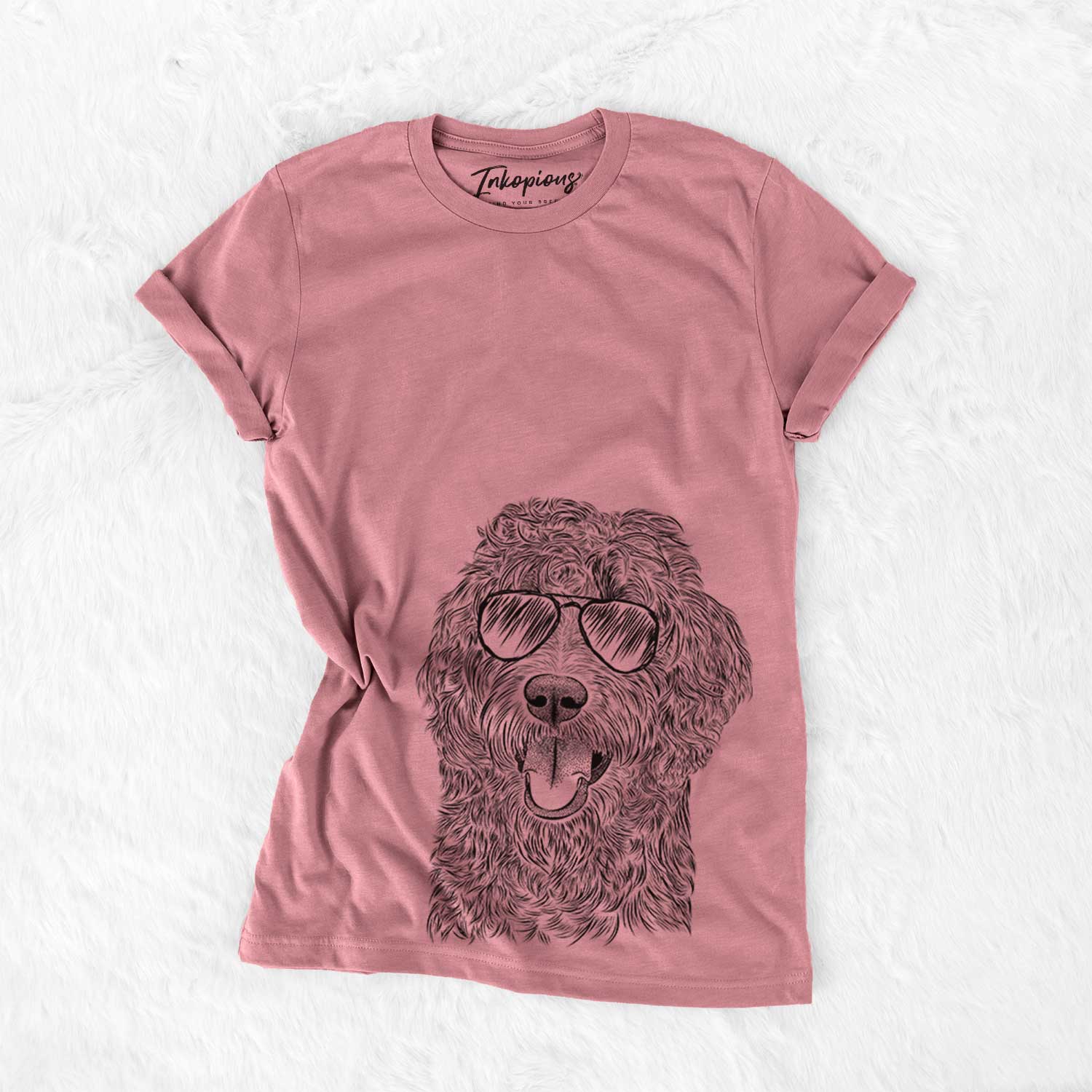 Hand-drawn sketch of Murr Dog the Labradoodle wearing aviator sunglasses on a Mauve Bella Canvas Unisex Crewneck