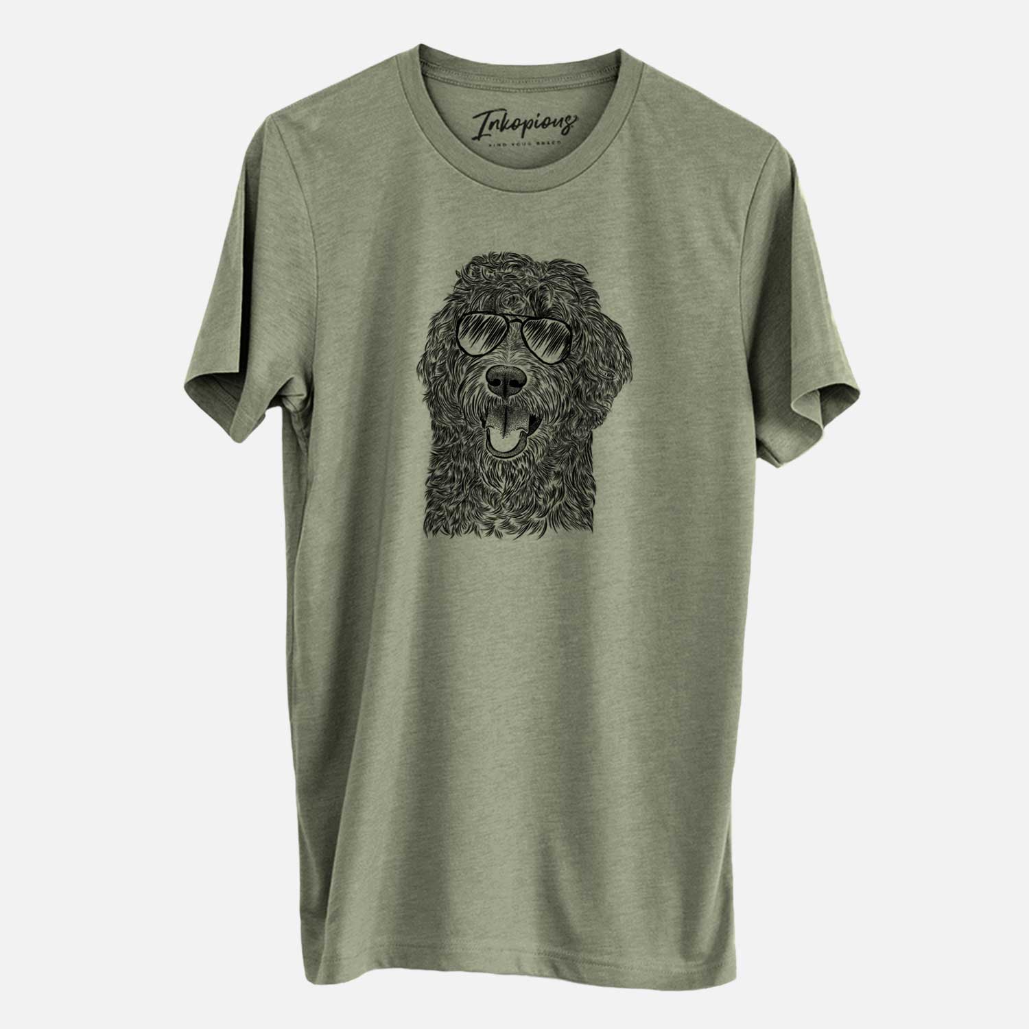 Hand-drawn sketch of Murr Dog the Labradoodle wearing aviator sunglasses on an Olive Unisex crewneck