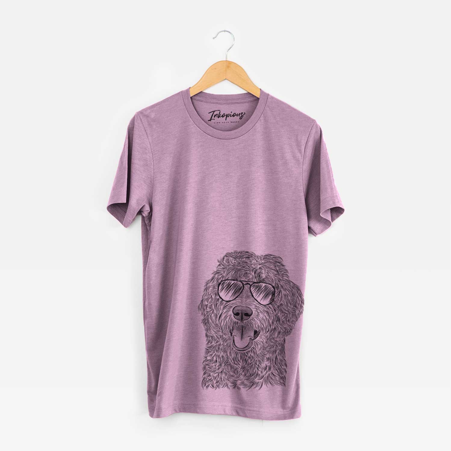 Hand-drawn sketch of Murr Dog the Labradoodle wearing aviator sunglasses on an Orchid Unisex crewneck