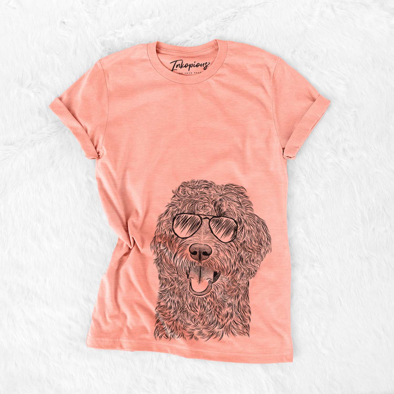 Hand-drawn sketch of Murr Dog the Labradoodle wearing aviator sunglasses on a Sunset Bella Canvas Unisex Crewneck