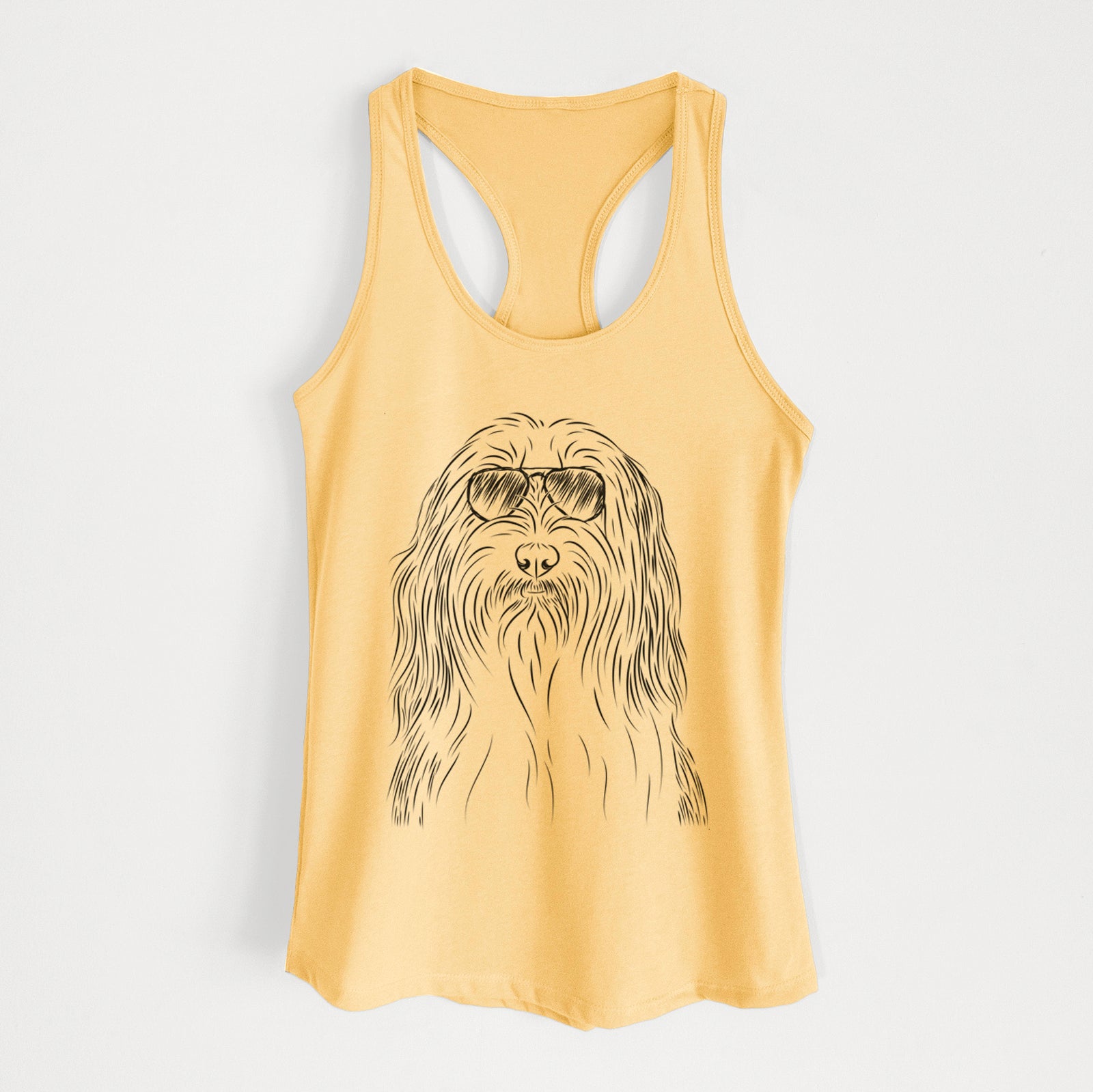 Hand-drawn sketch of Murray the Bearded Collie wearing aviator sunglasses on a Banana Cream Women's racerback tanktop