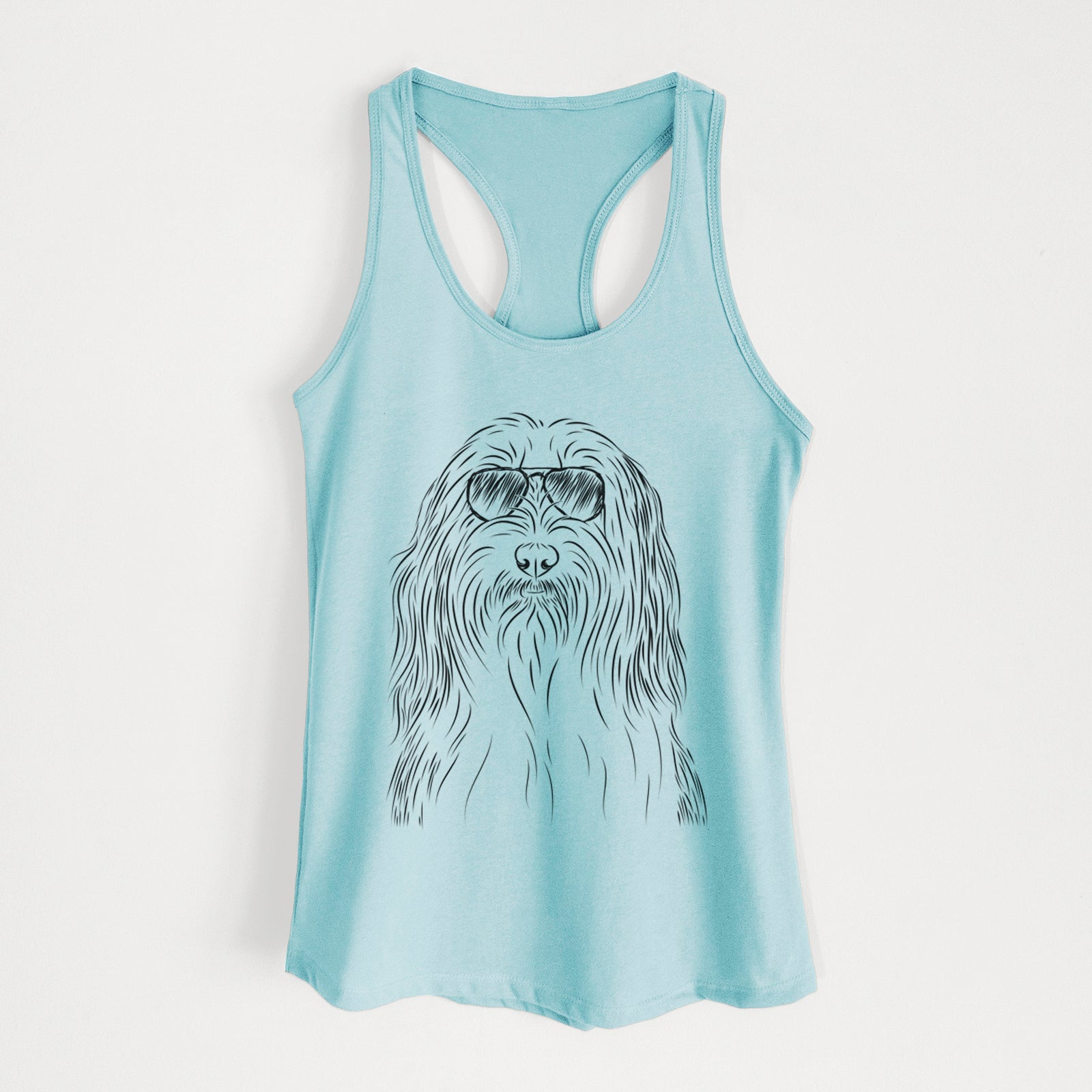 Hand-drawn sketch of Murray the Bearded Collie wearing aviator sunglasses on a Cancun Blue Women's racerback tanktop