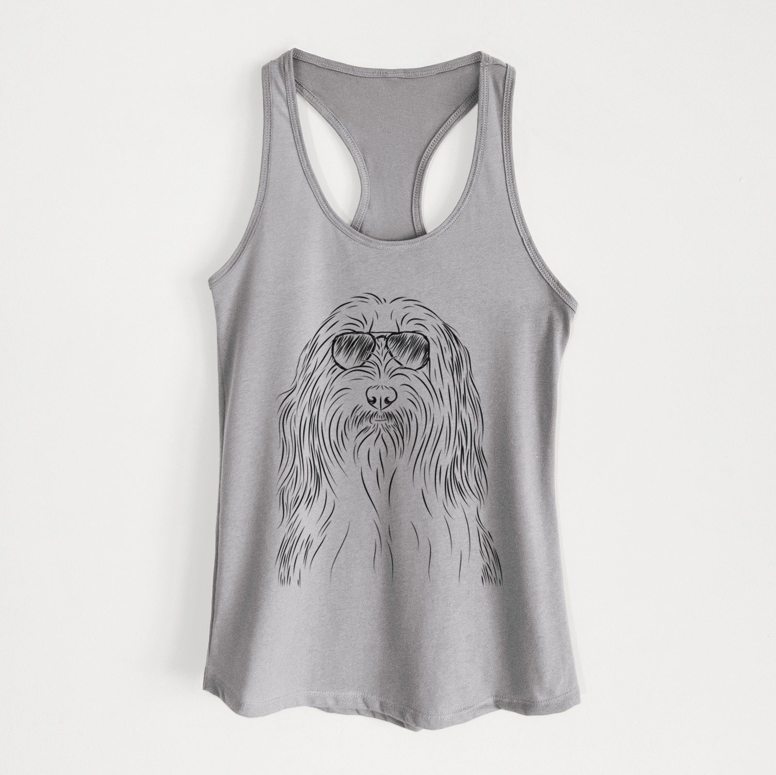 Hand-drawn sketch of Murray the Bearded Collie wearing aviator sunglasses on a Heather Grey Women's racerback tanktop