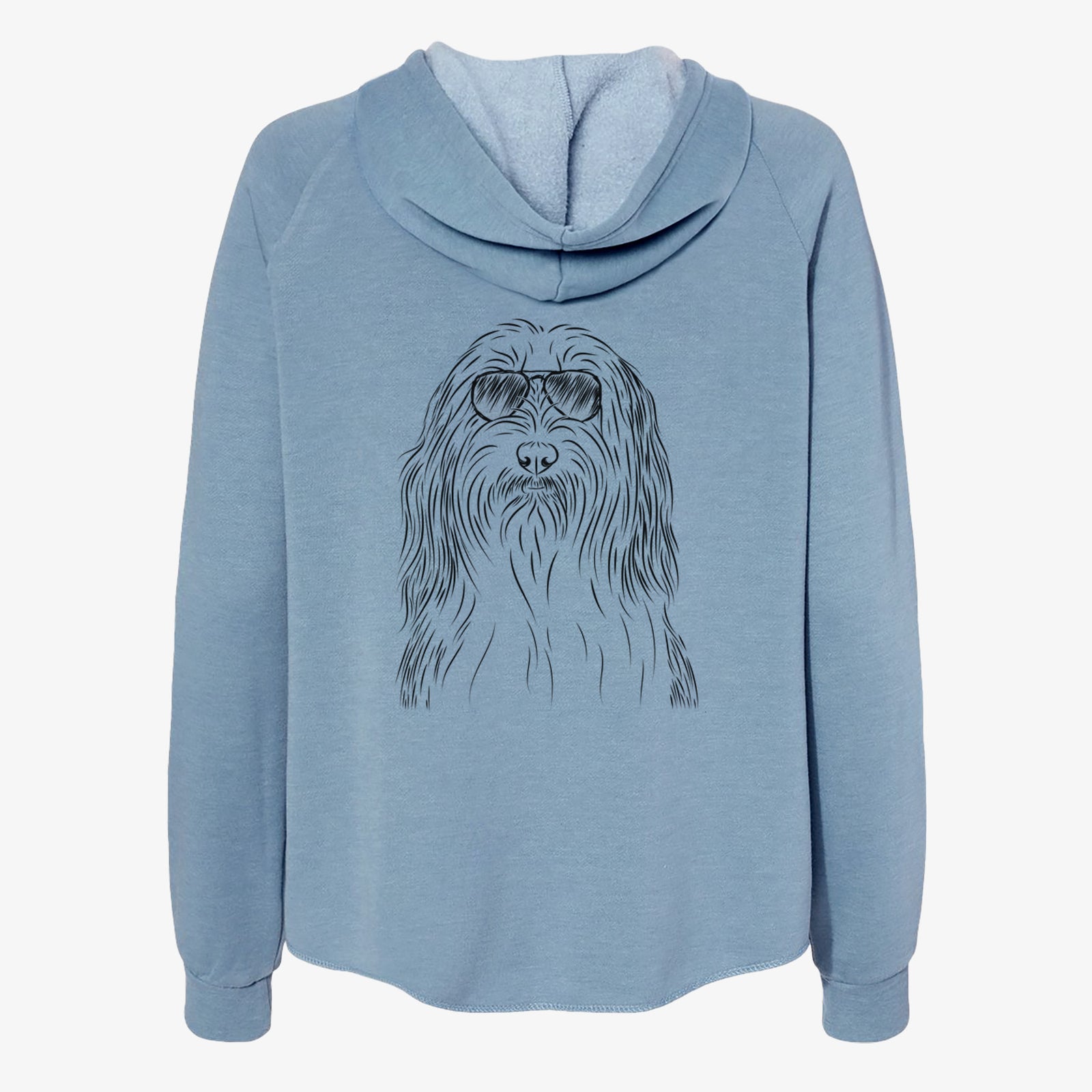 Hand-drawn sketch of Murray the Bearded Collie wearing aviator sunglasses on a Misty Blue Women's cali wave zip-up sweatshirt