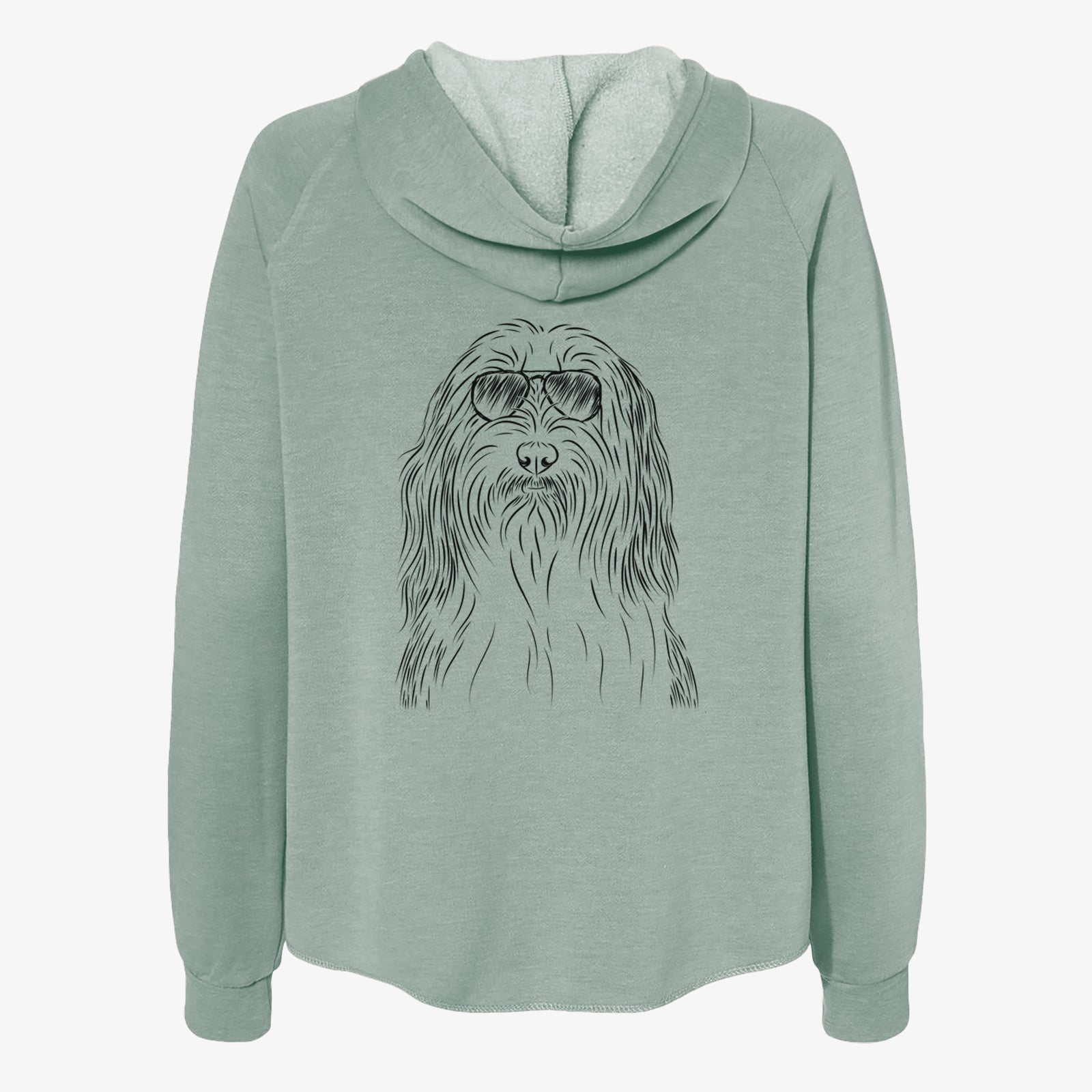 Hand-drawn sketch of Murray the Bearded Collie wearing aviator sunglasses on a Sage Women's cali wave zip-up sweatshirt