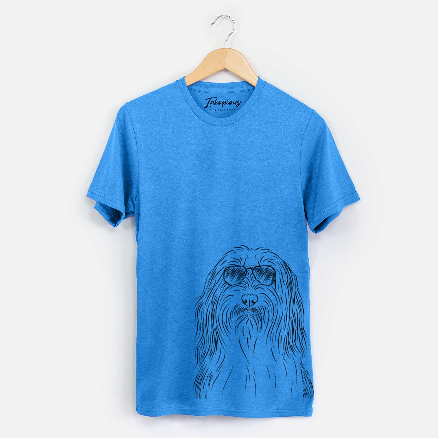 Hand-drawn sketch of Murray the Bearded Collie wearing aviator sunglasses on a Blue Unisex crewneck
