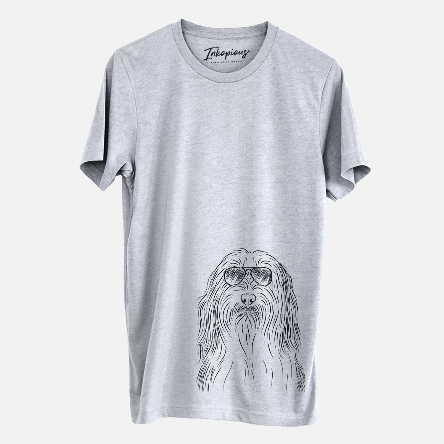 Hand-drawn sketch of Murray the Bearded Collie wearing aviator sunglasses on a Grey Unisex crewneck