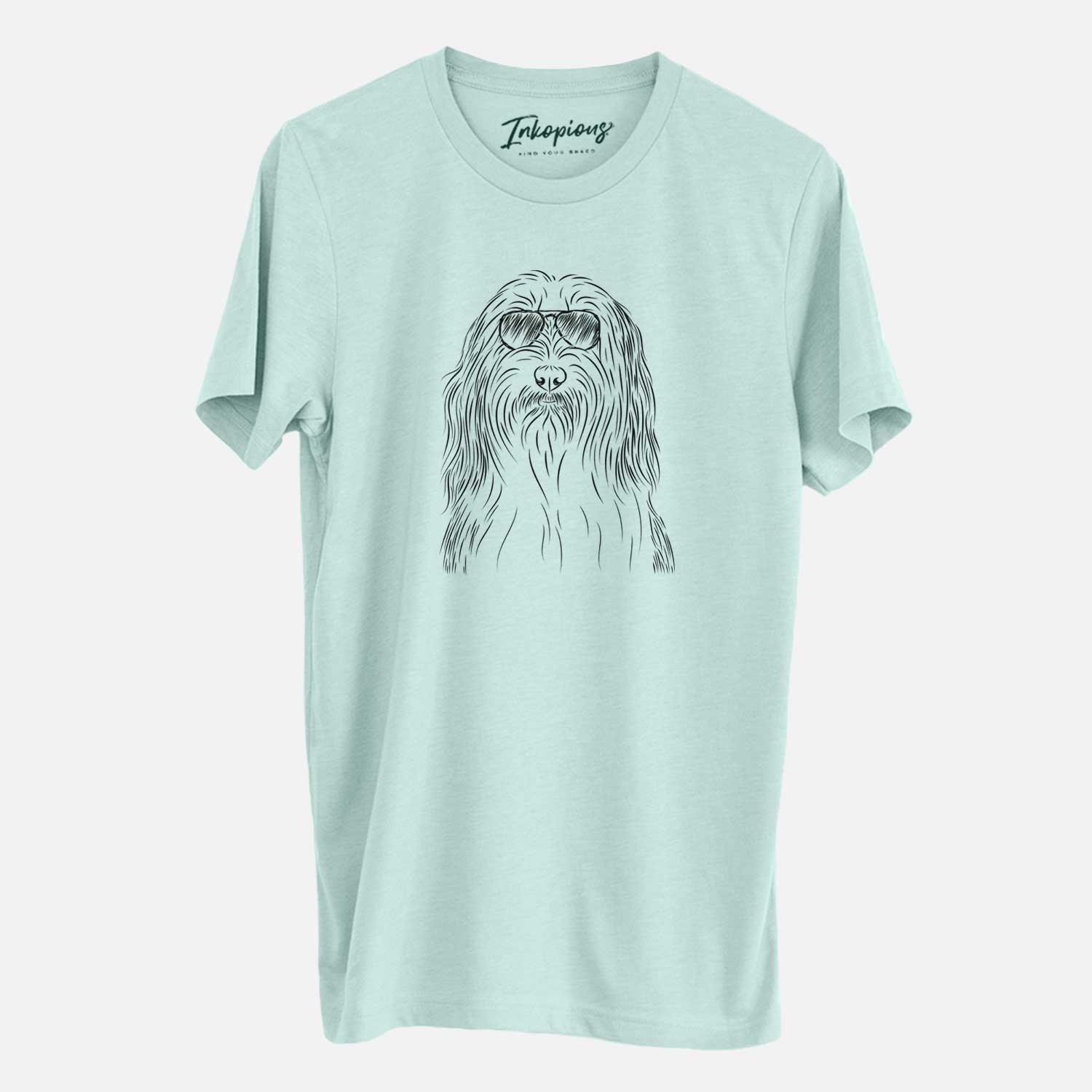 Hand-drawn sketch of Murray the Bearded Collie wearing aviator sunglasses on a Heather Sage Unisex crewneck
