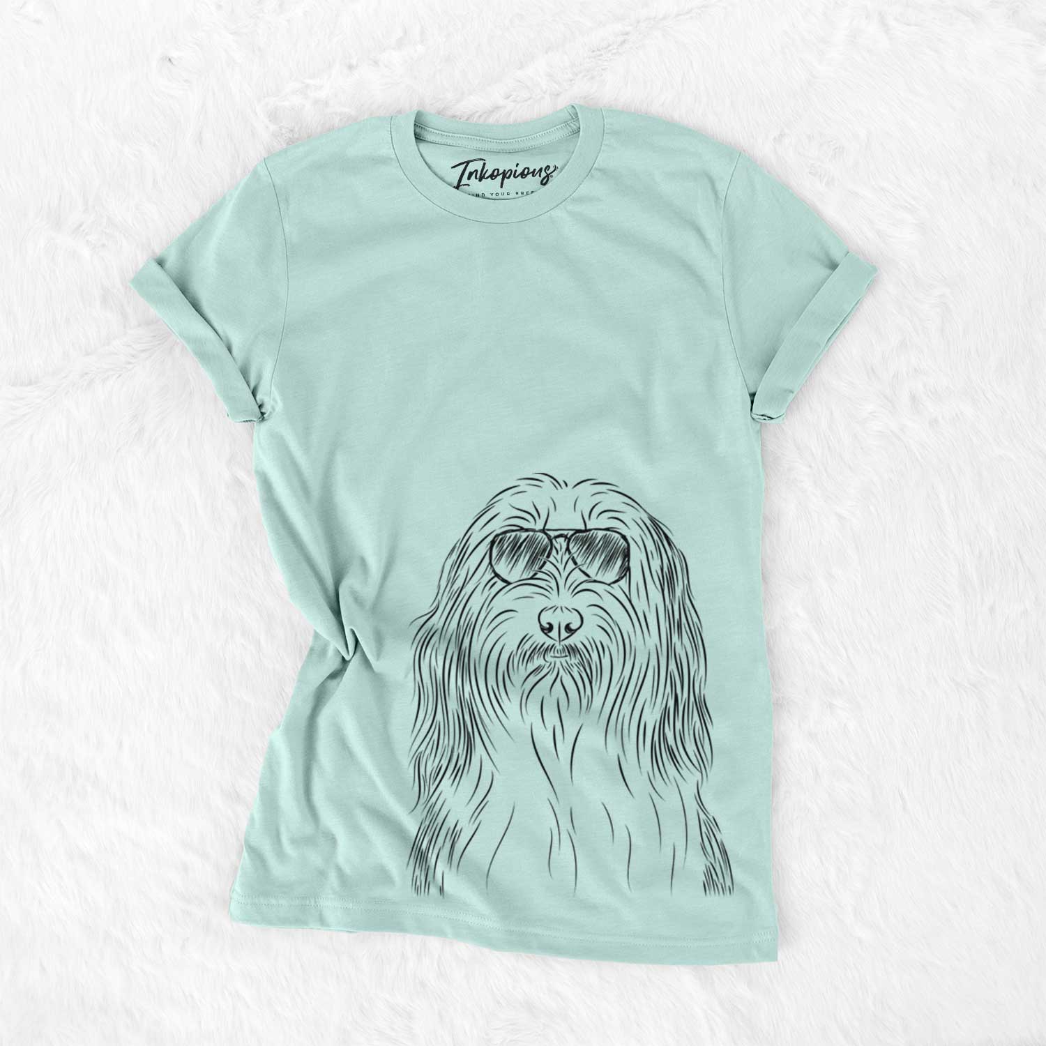 Hand-drawn sketch of Murray the Bearded Collie wearing aviator sunglasses on a Heather Sage Unisex crewneck