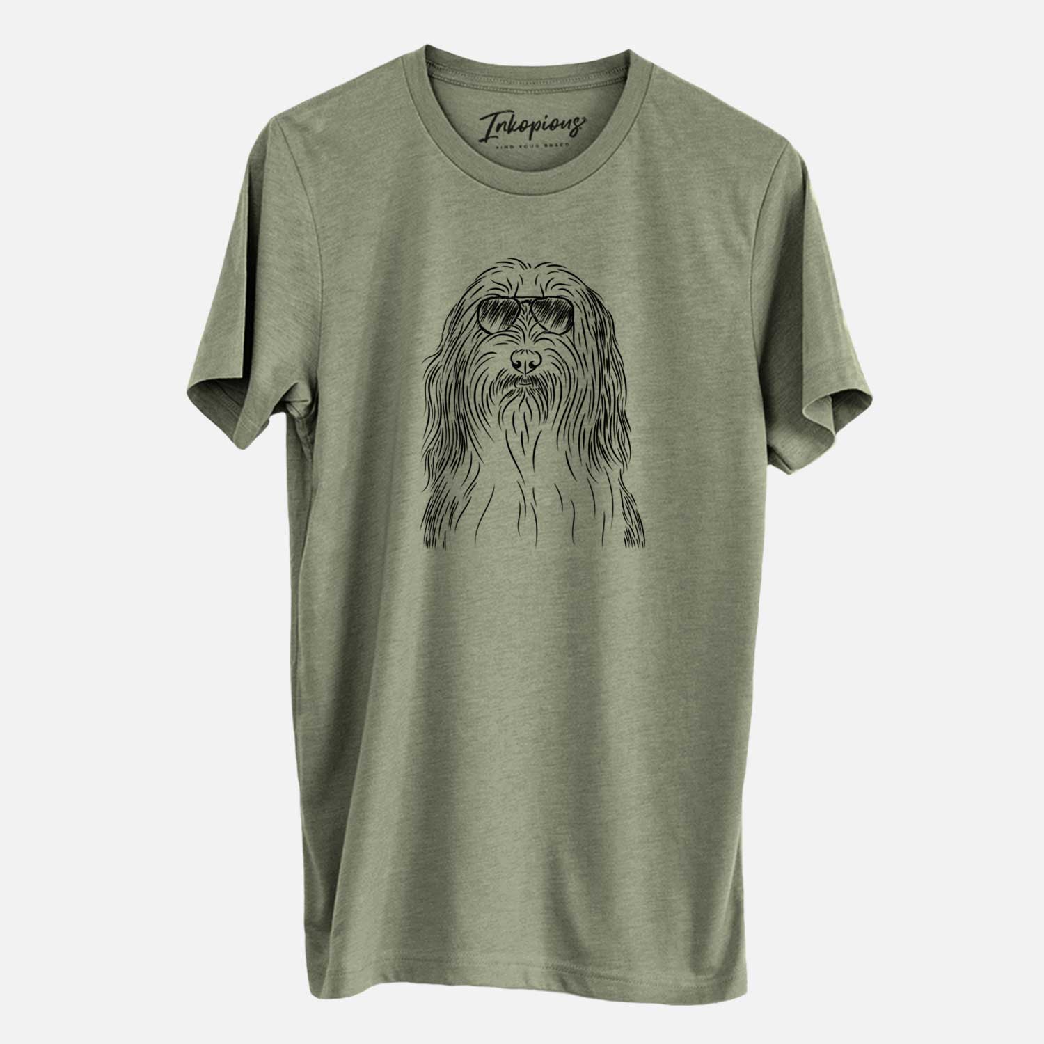 Hand-drawn sketch of Murray the Bearded Collie wearing aviator sunglasses on an Olive Unisex crewneck