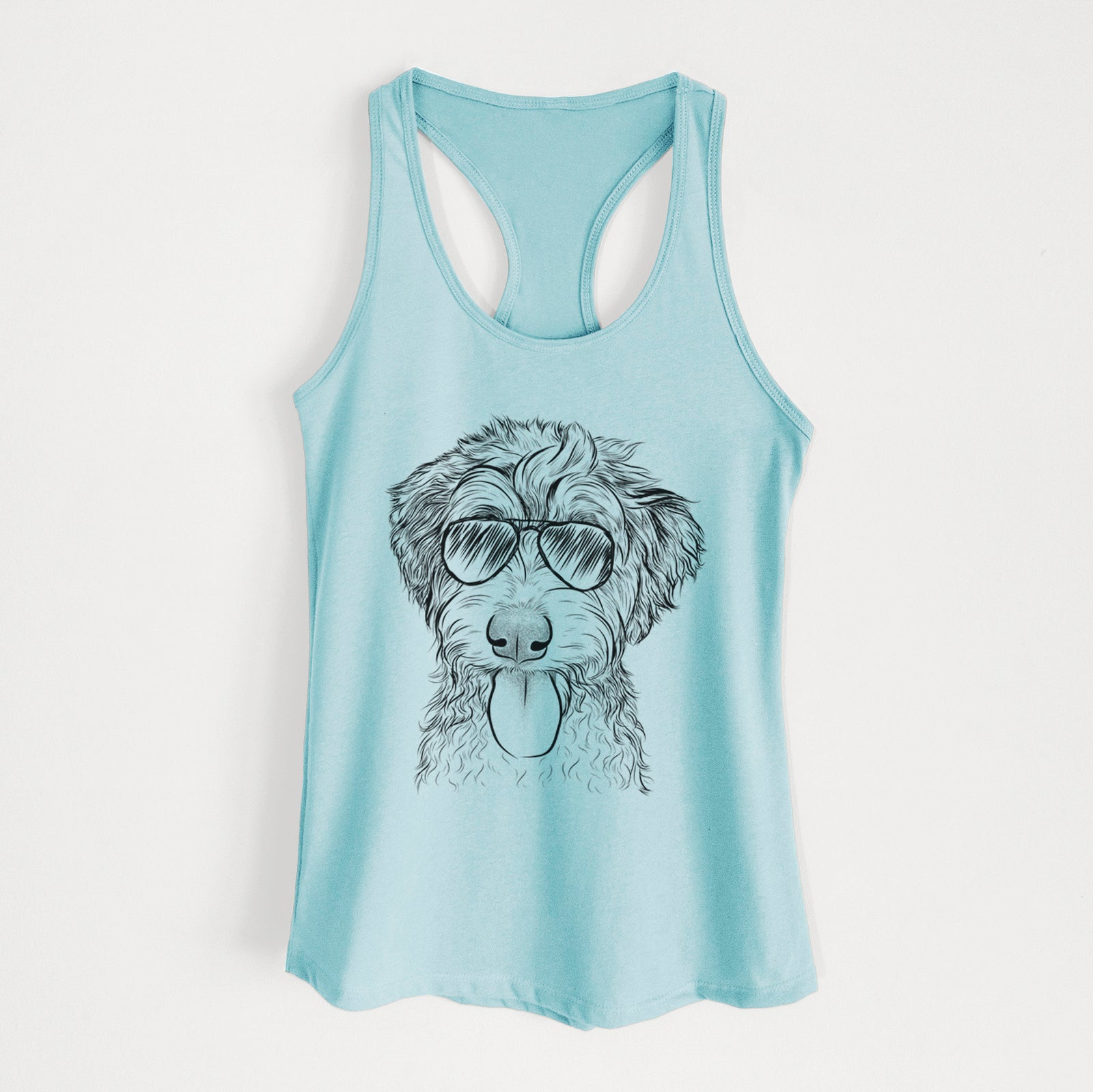 Hand-drawn sketch of Myrtle Mae the Aussiedoodle wearing aviator sunglasses on a Cancun Blue Women's racerback tanktop