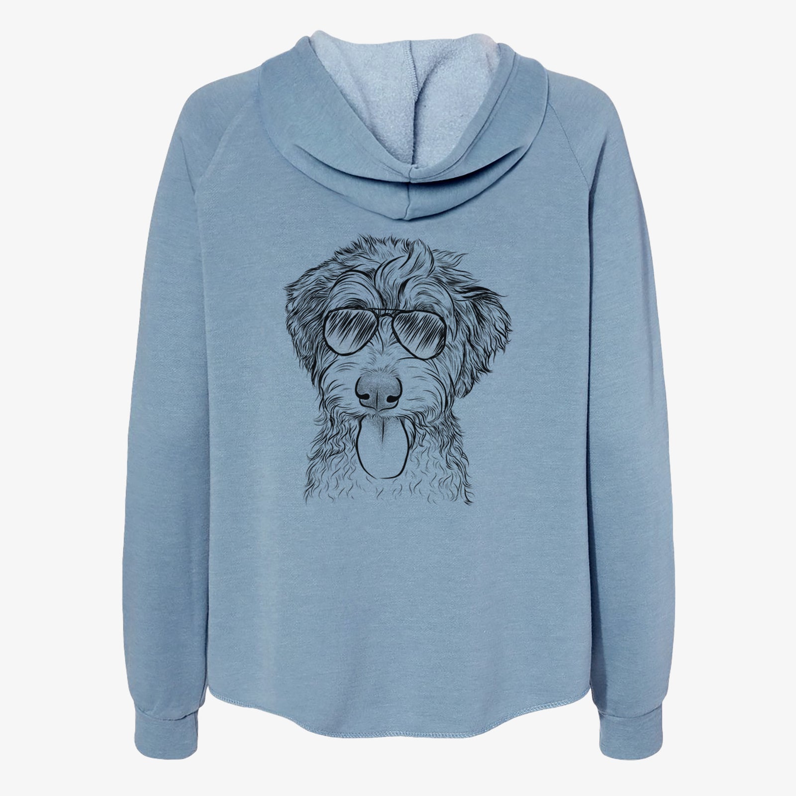 Hand-drawn sketch of Myrtle Mae the Aussiedoodle wearing aviator sunglasses on a Misty Blue Women's cali wave zip-up sweatshirt