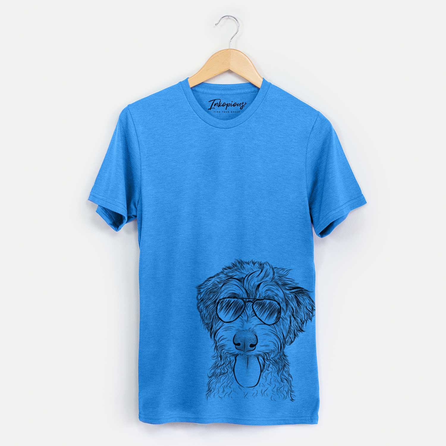 Hand-drawn sketch of Myrtle Mae the Aussiedoodle wearing aviator sunglasses on a Blue Unisex crewneck