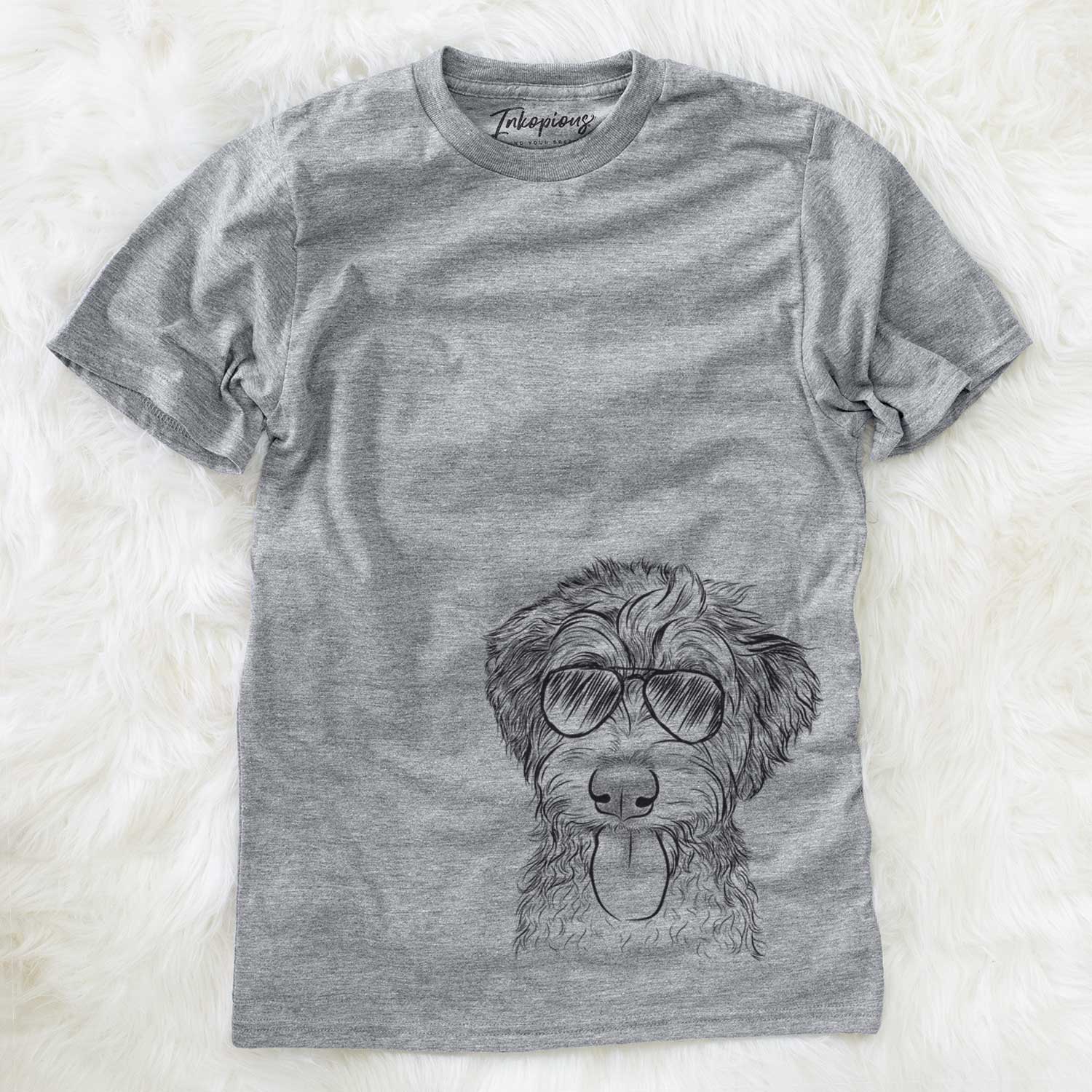 Hand-drawn sketch of Myrtle Mae the Aussiedoodle wearing aviator sunglasses on a Grey Unisex crewneck
