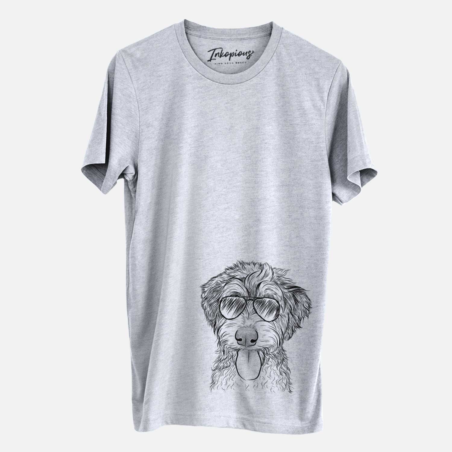 Hand-drawn sketch of Myrtle Mae the Aussiedoodle wearing aviator sunglasses on a Grey Unisex crewneck