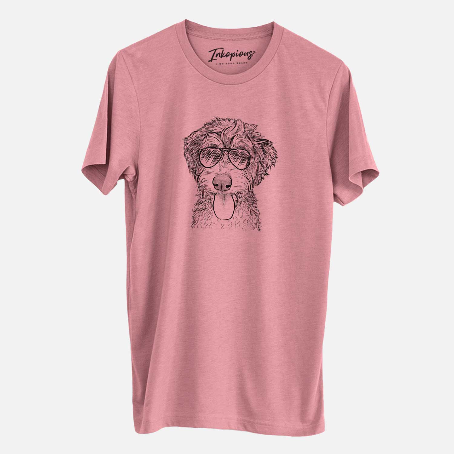 Hand-drawn sketch of Myrtle Mae the Aussiedoodle wearing aviator sunglasses on a Mauve Unisex crewneck