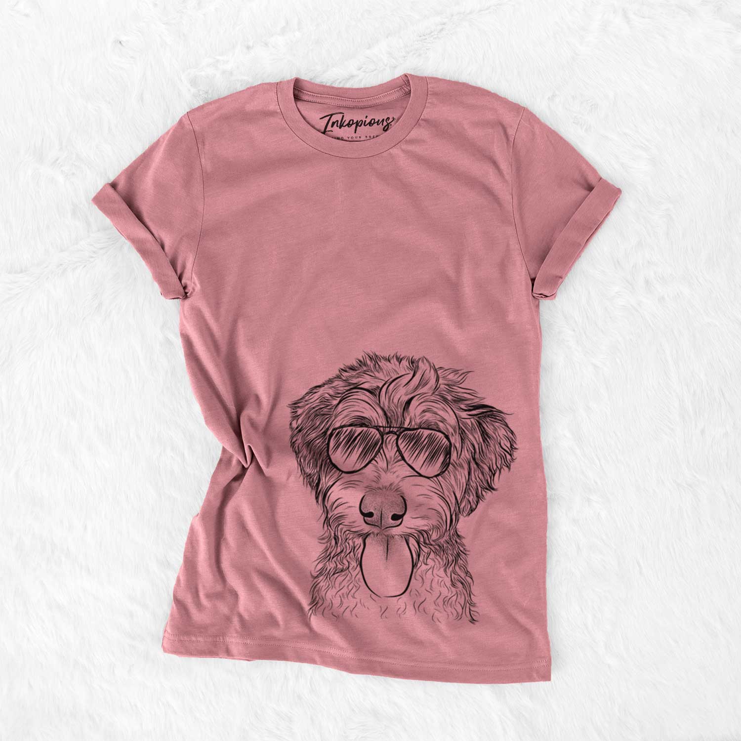 Hand-drawn sketch of Myrtle Mae the Aussiedoodle wearing aviator sunglasses on a Mauve Unisex crewneck