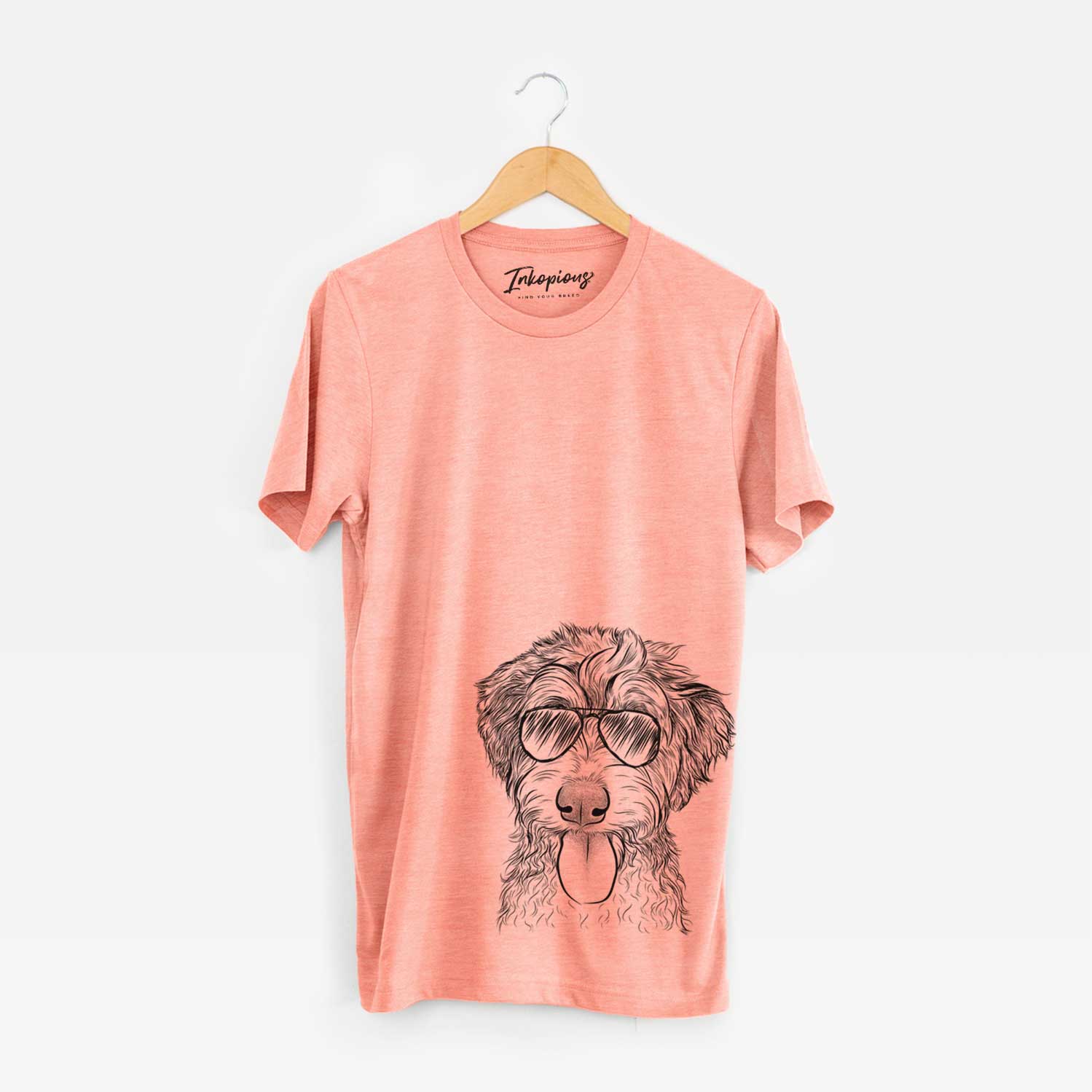 Hand-drawn sketch of Myrtle Mae the Aussiedoodle wearing aviator sunglasses on a Sunset Unisex crewneck
