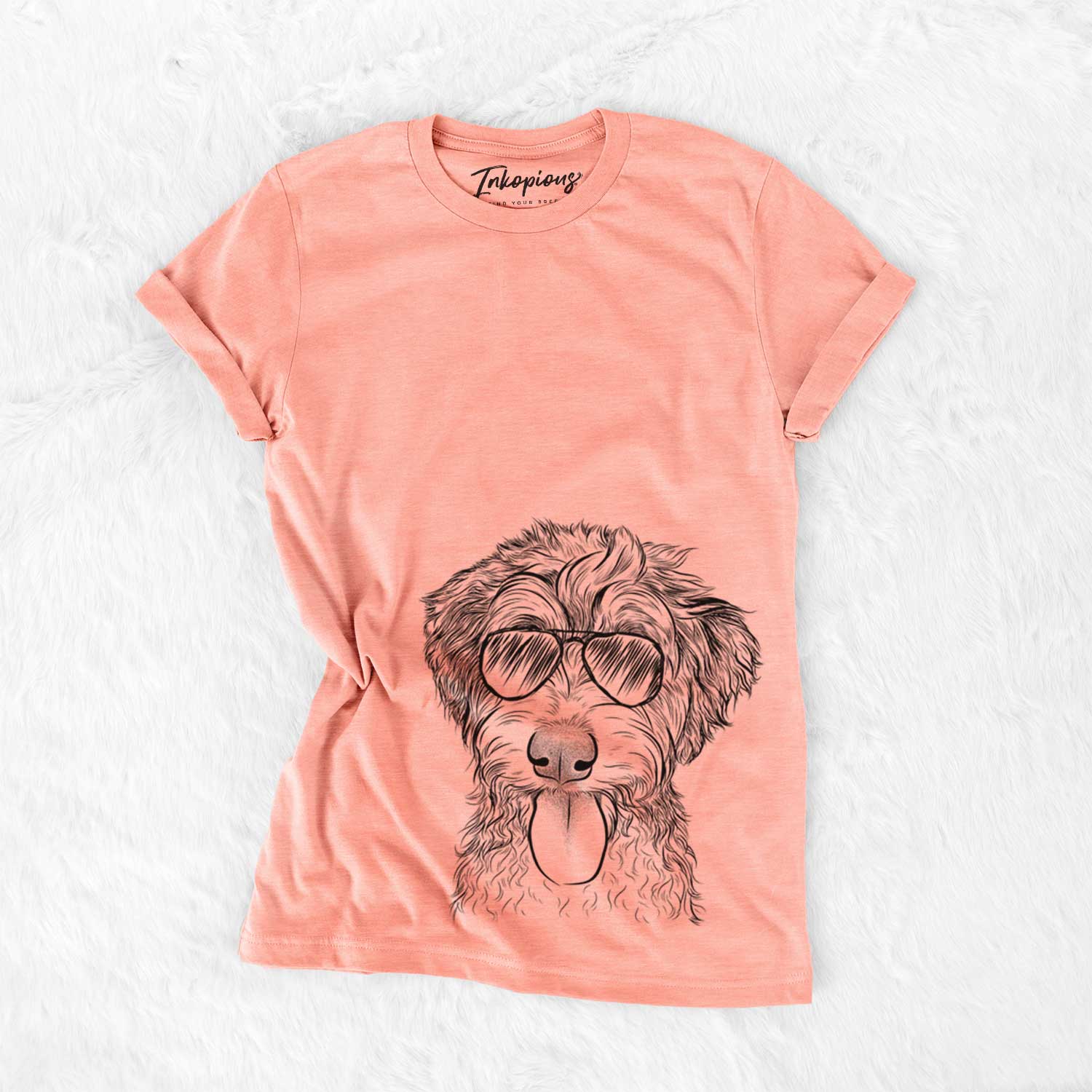 Hand-drawn sketch of Myrtle Mae the Aussiedoodle wearing aviator sunglasses on a Sunset Bella Canvas Unisex Crewneck