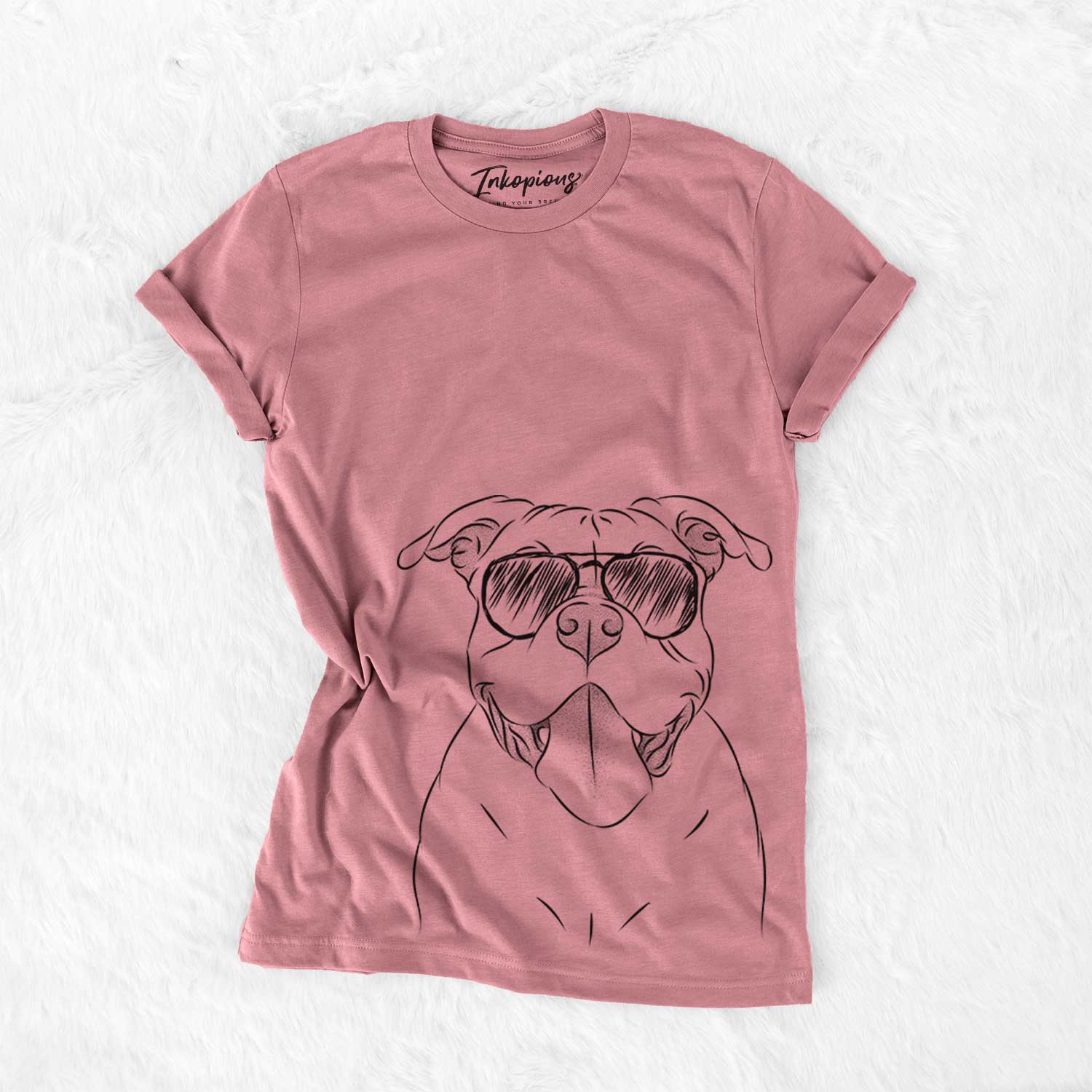 Hand-drawn sketch of Nacho the American Bully wearing aviator sunglasses on a Mauve Bella Canvas Unisex Crewneck