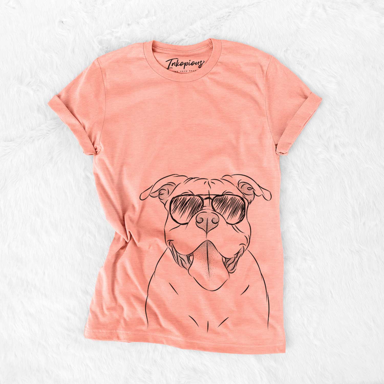 Hand-drawn sketch of Nacho the American Bully wearing aviator sunglasses on a Sunset Bella Canvas Unisex Crewneck