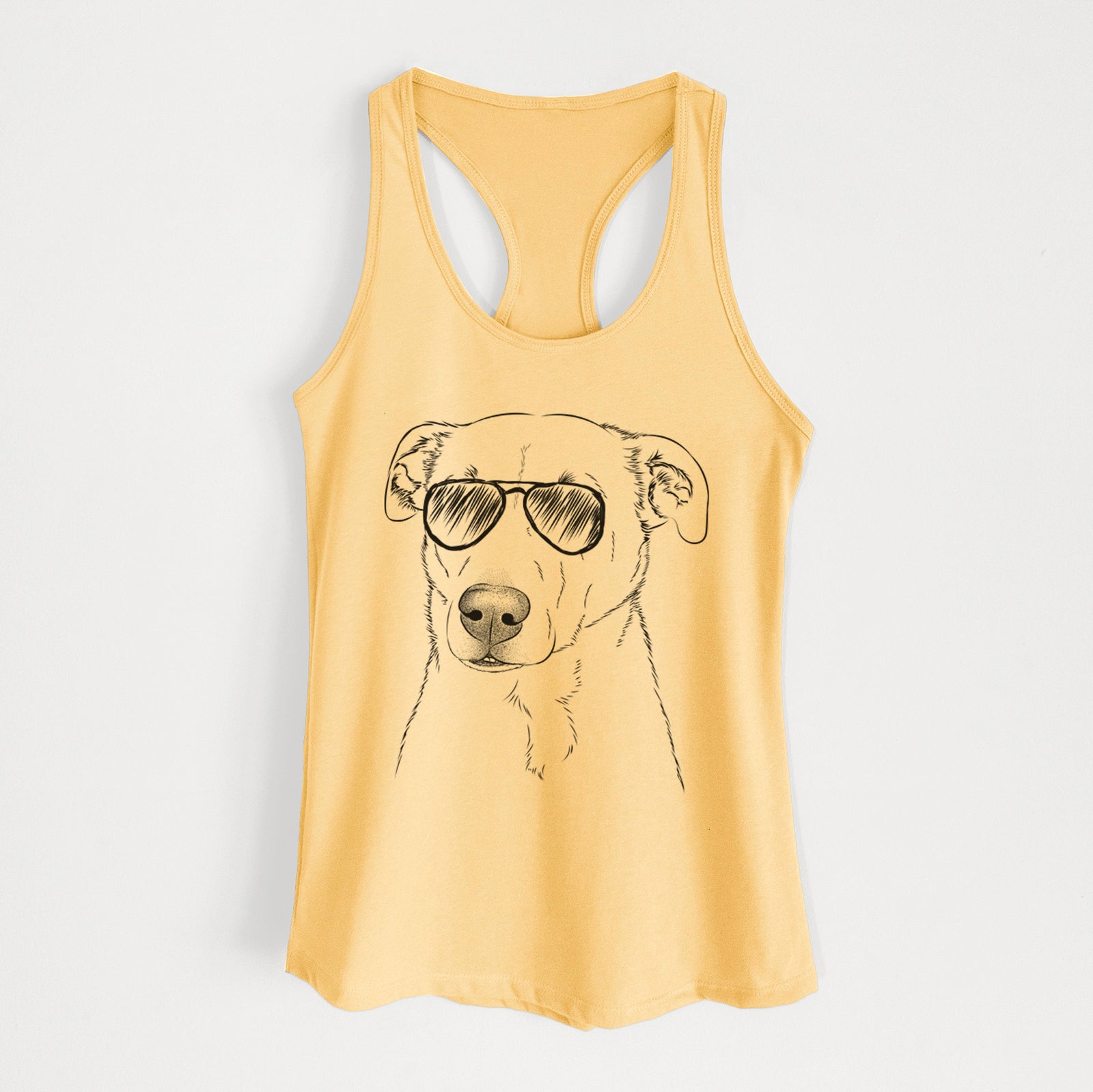 Hand-drawn sketch of Nala the American Staffordshire Terrier wearing aviator sunglasses on a Banana Cream Women's racerback tanktop